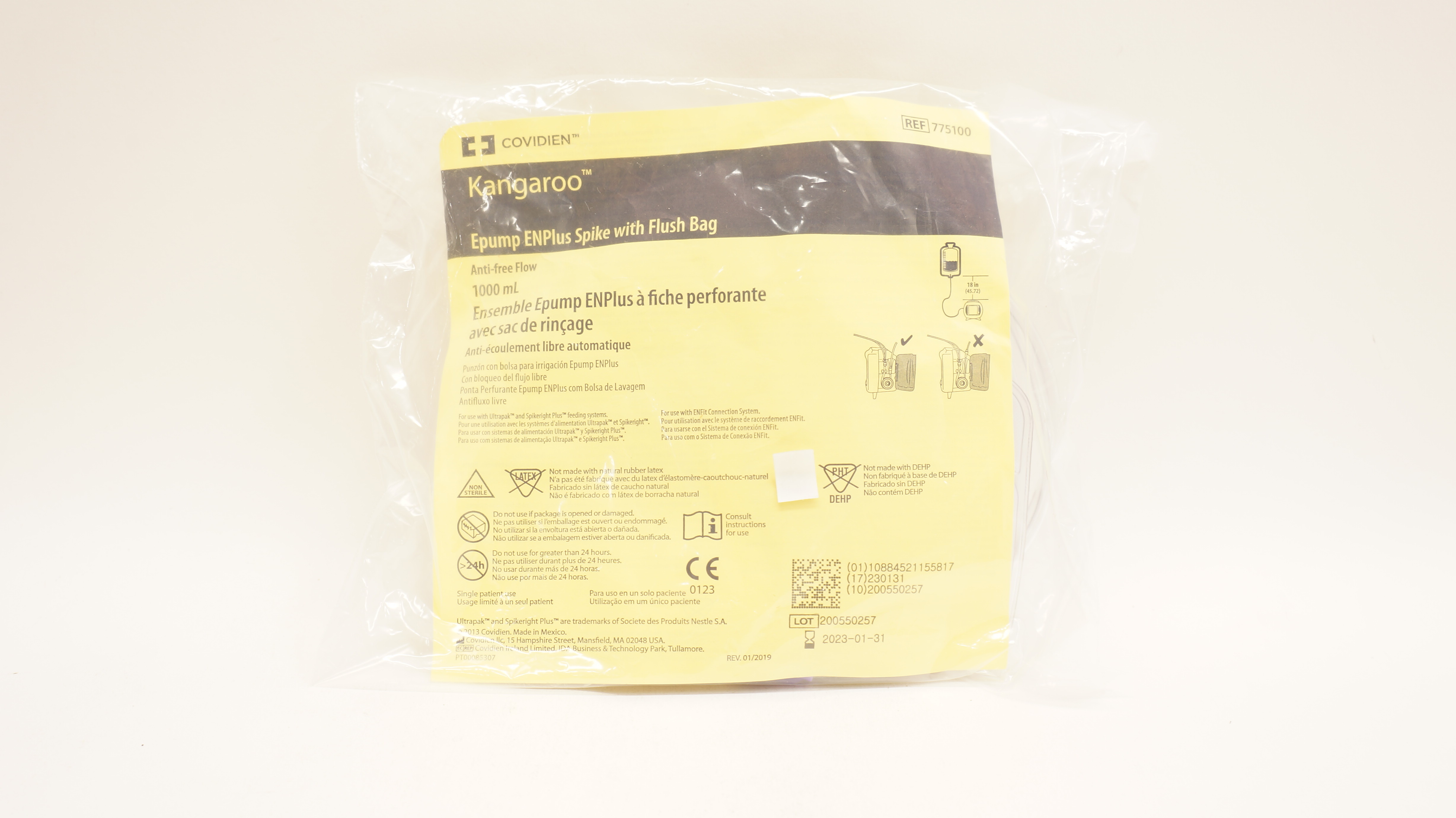 Covidien 775100 Kangaroo Epump ENPlus Spike with Flush Bag 1000mL