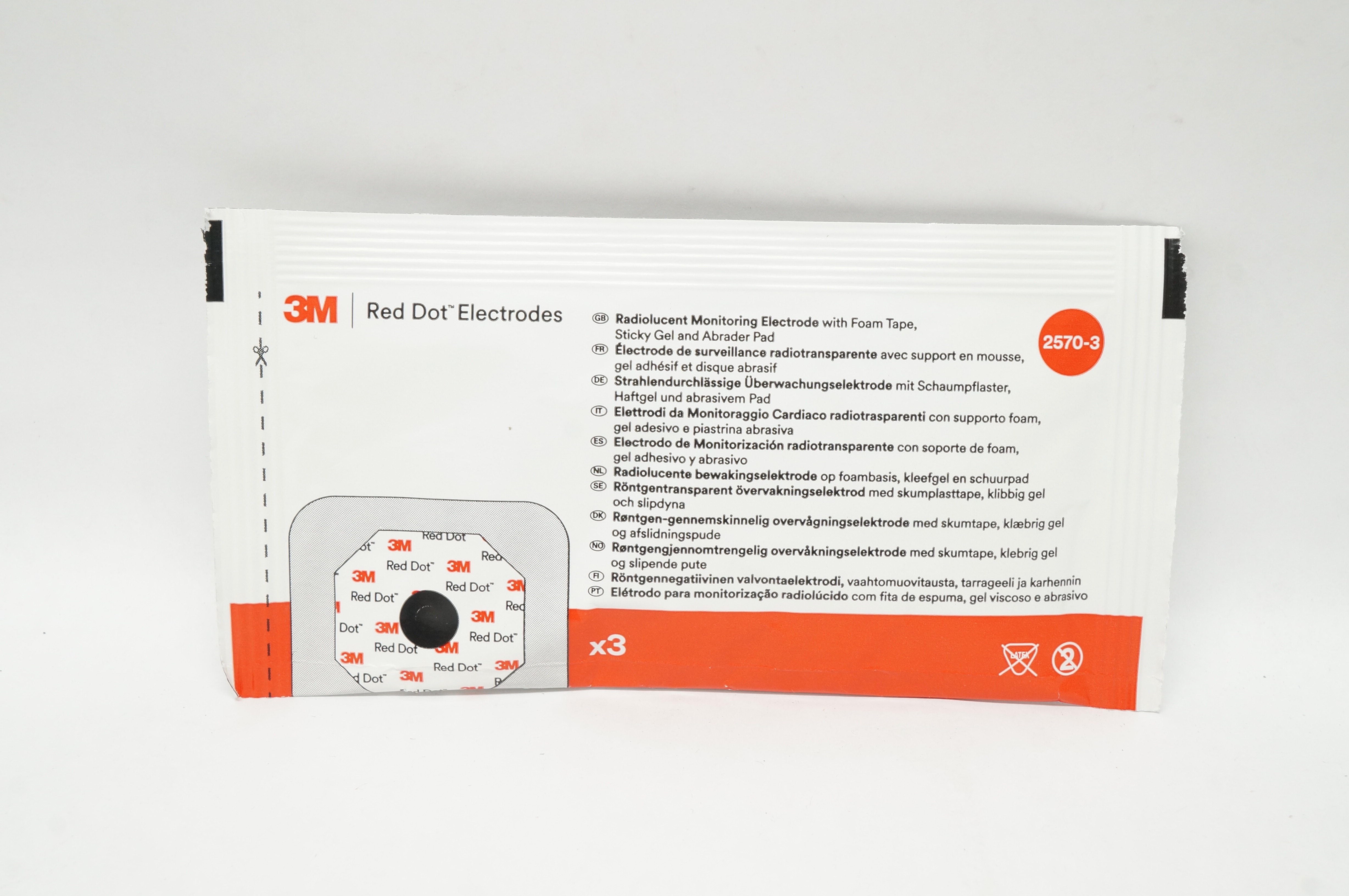 3M 2570-3 Red Dot Radiolucent Monitoring Electrode W/Foam Tape (x)- Pack of 3