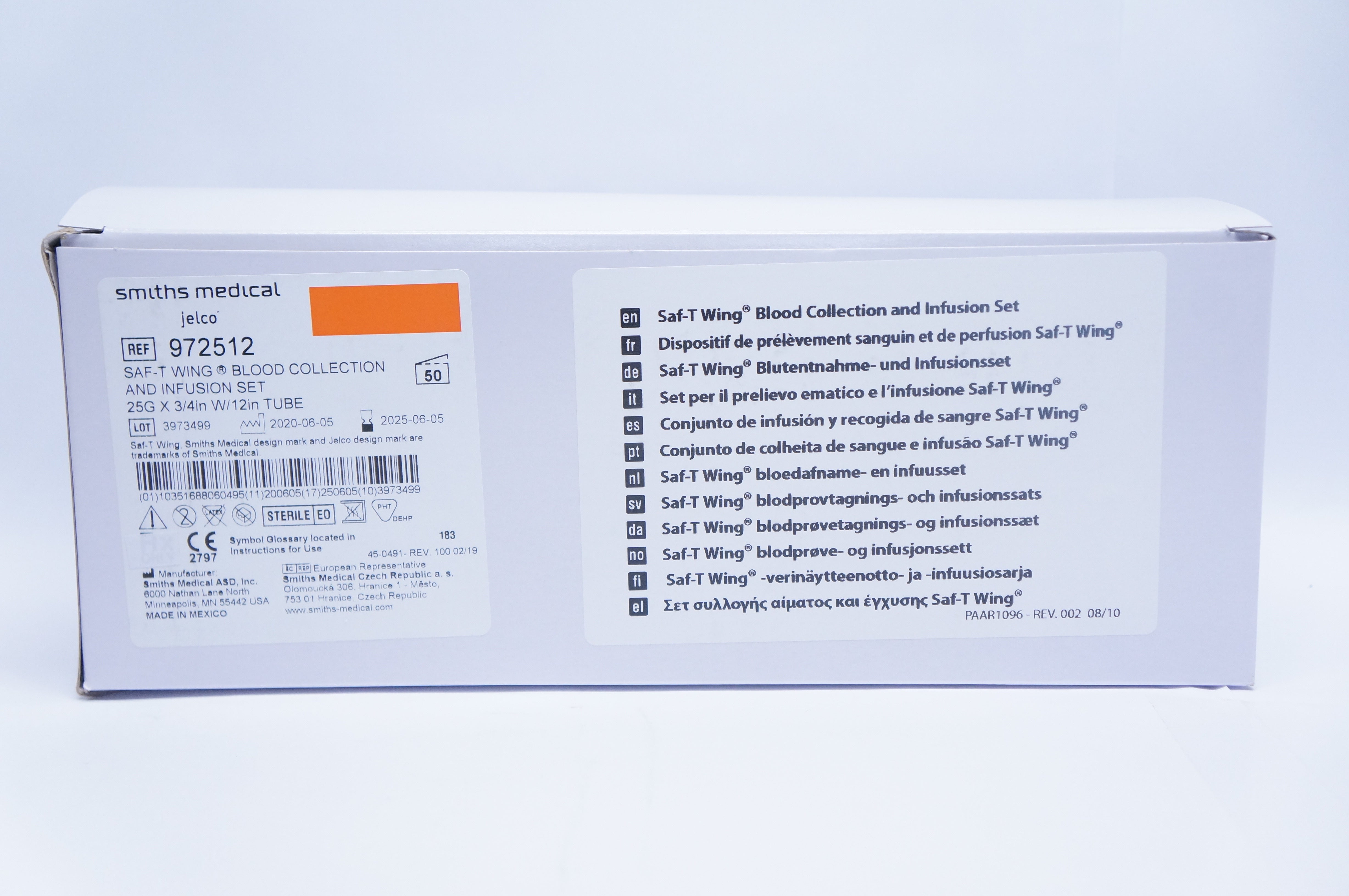 Smiths Medical 972512 Saf-T Wing Blood Collection 25G x 3/4 - Box of 50