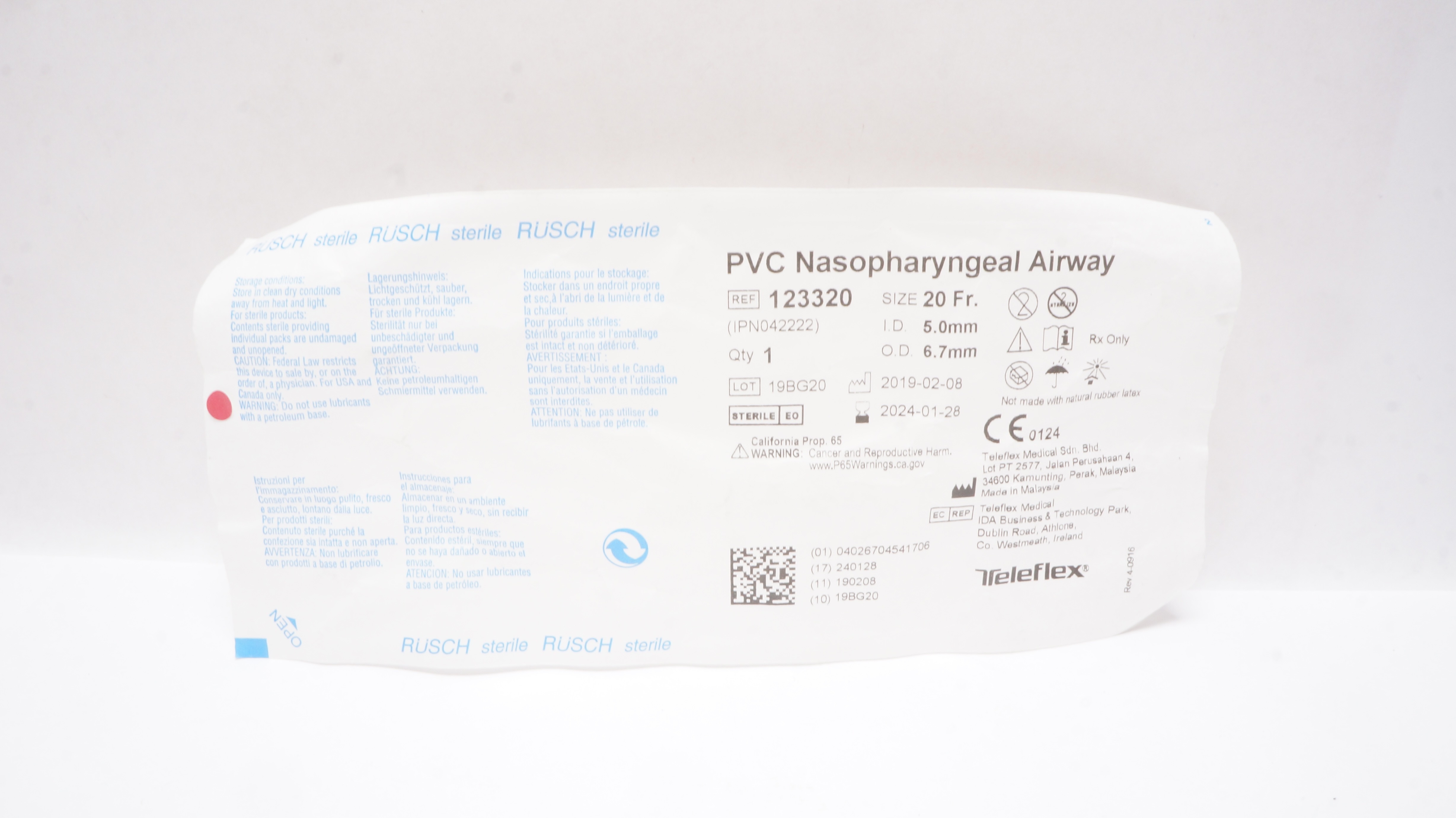 Teleflex 123320 Rusch PVC Nasopharyngeal Airway 20Fr x 5.0mm ID x 6.7mm OD