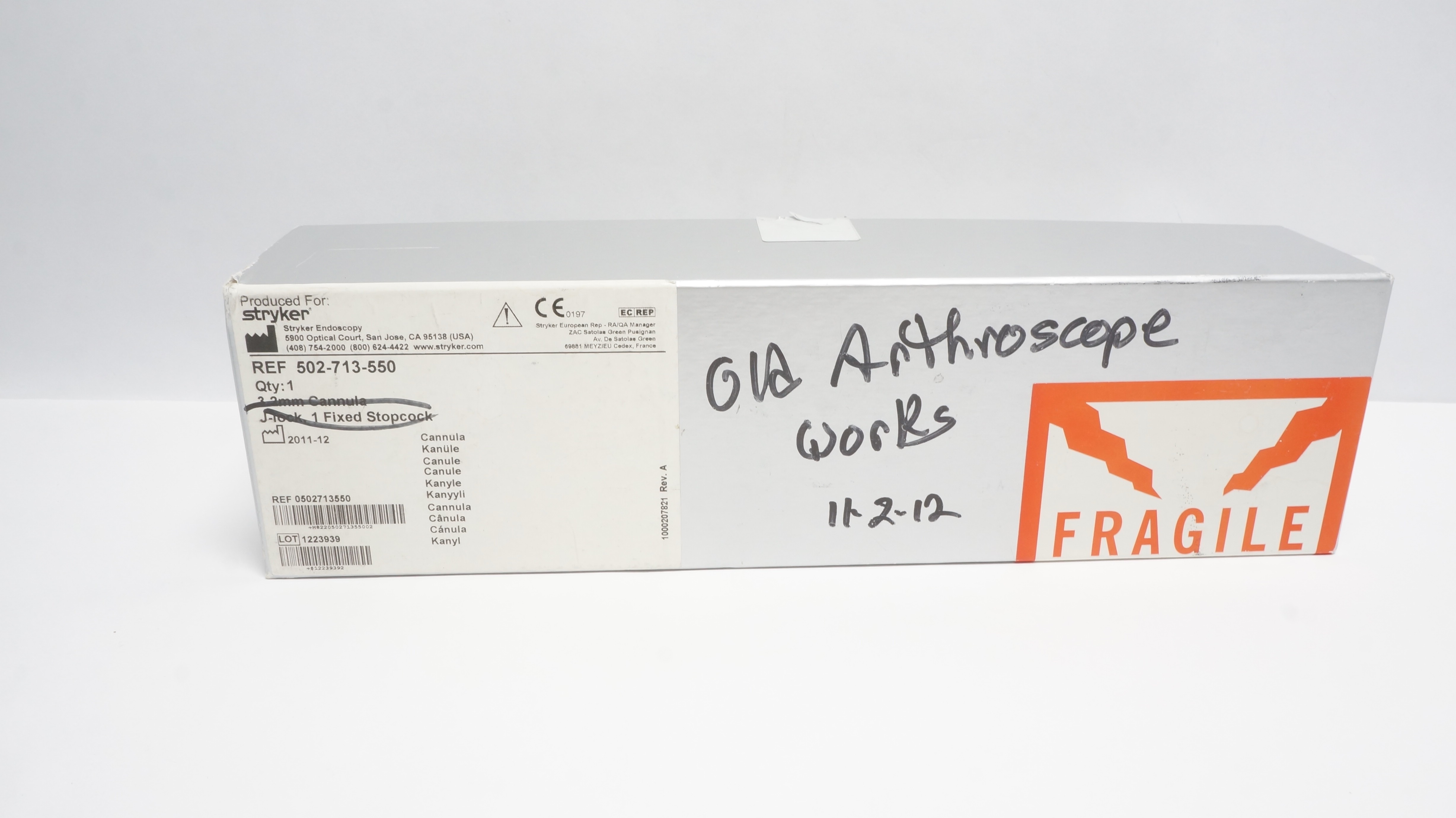 Stryker 502-713-550 Cannula 3.3mm, J-Cock, Fixed Stopcock