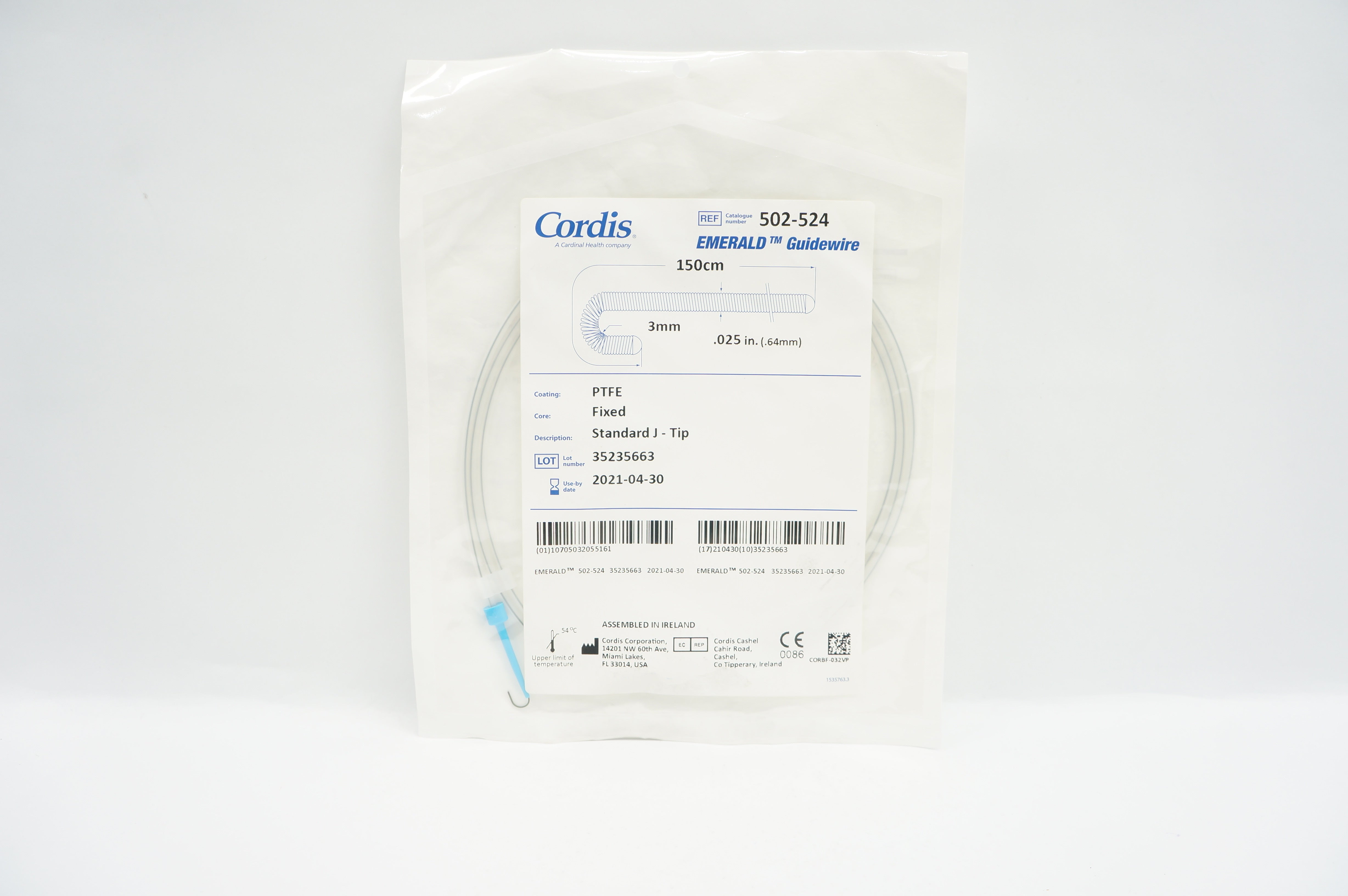 Cordis 502-524 Emerald Guidewire 0.025inch x 150cm x 3mm (x)