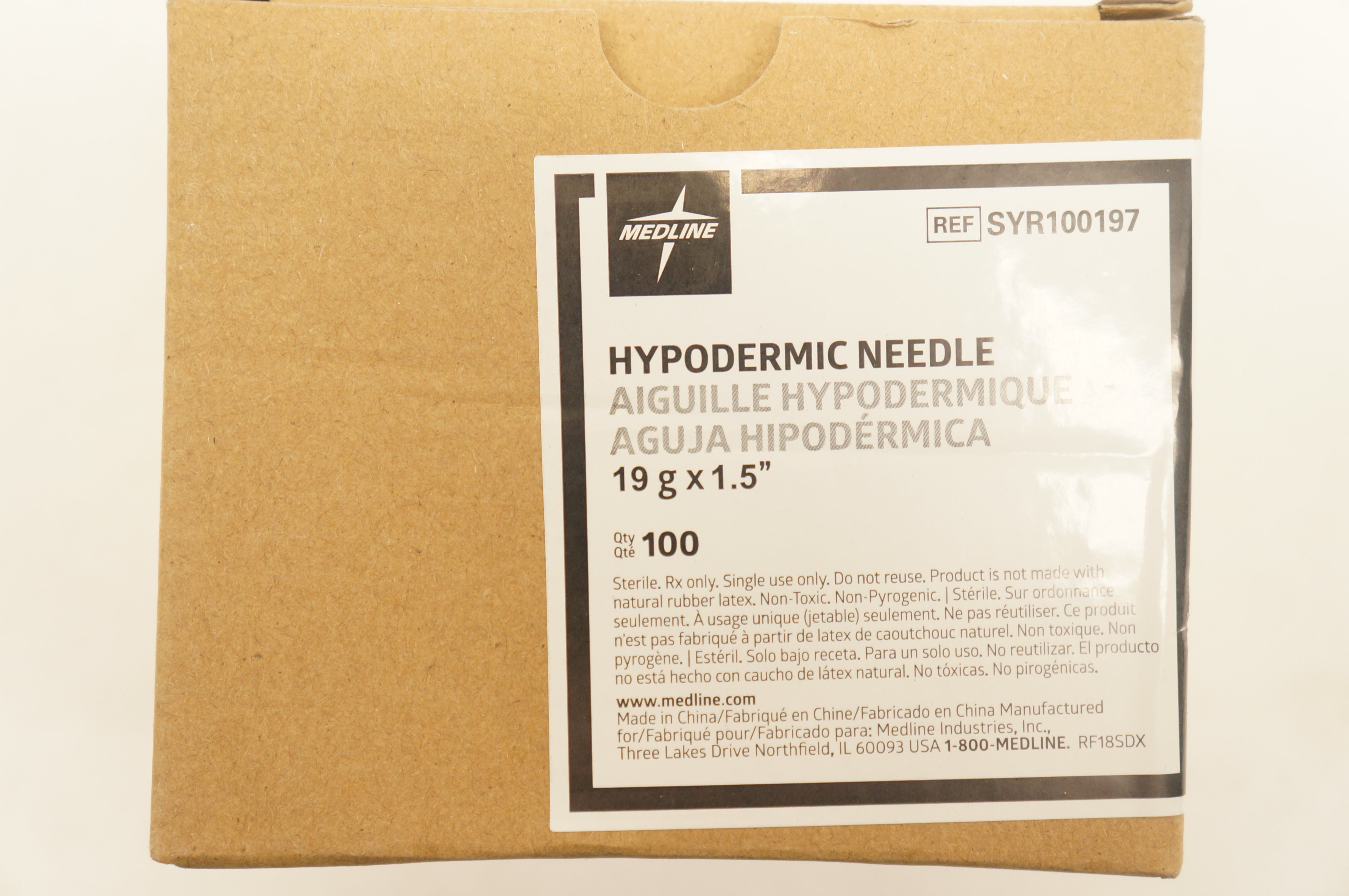Medline SYR100197 Hypodermic Needle 19G x 1.5inch - Box of 100