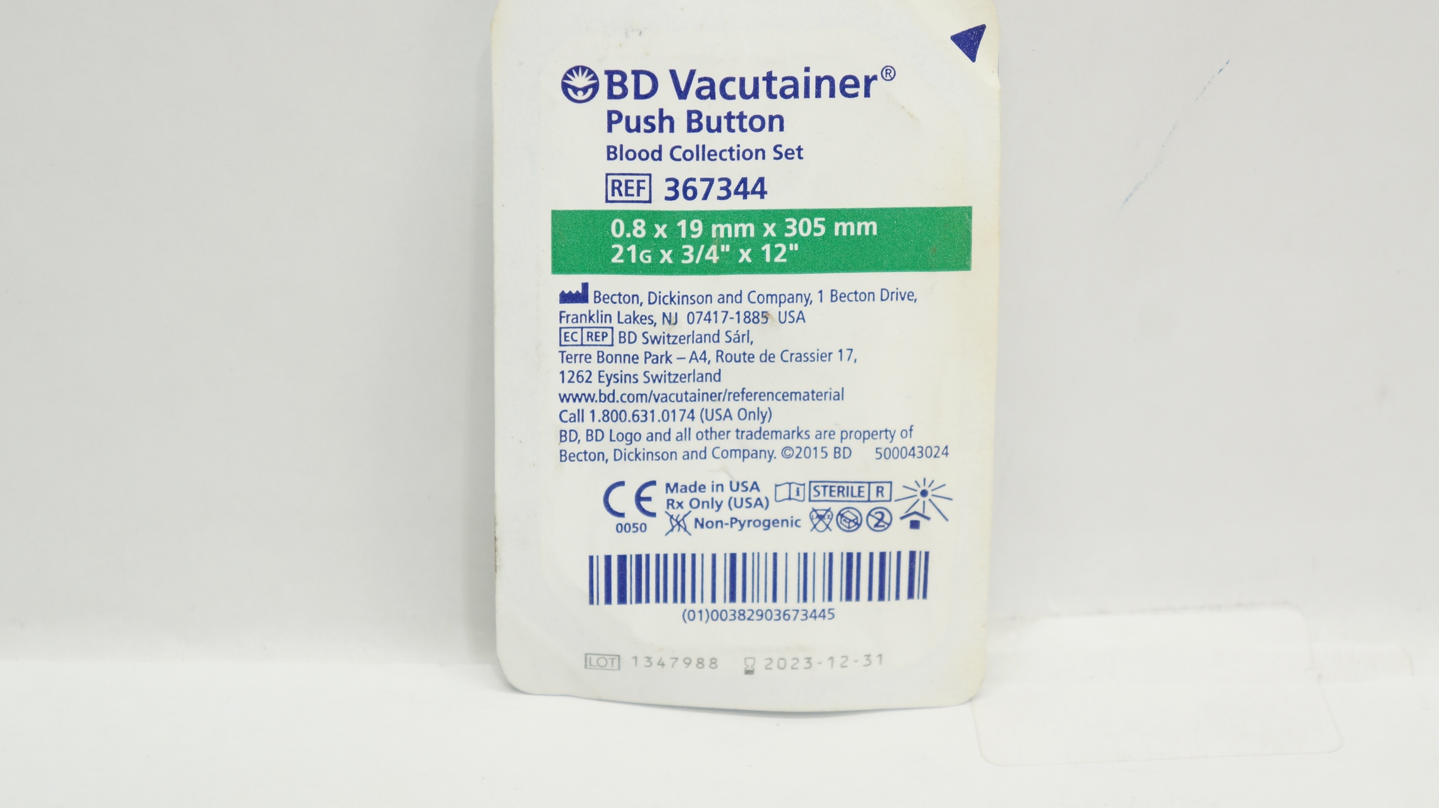 BD 367344 Vacutainer Push Button Blood Collection Set 21G x 3/4inch x 12inch