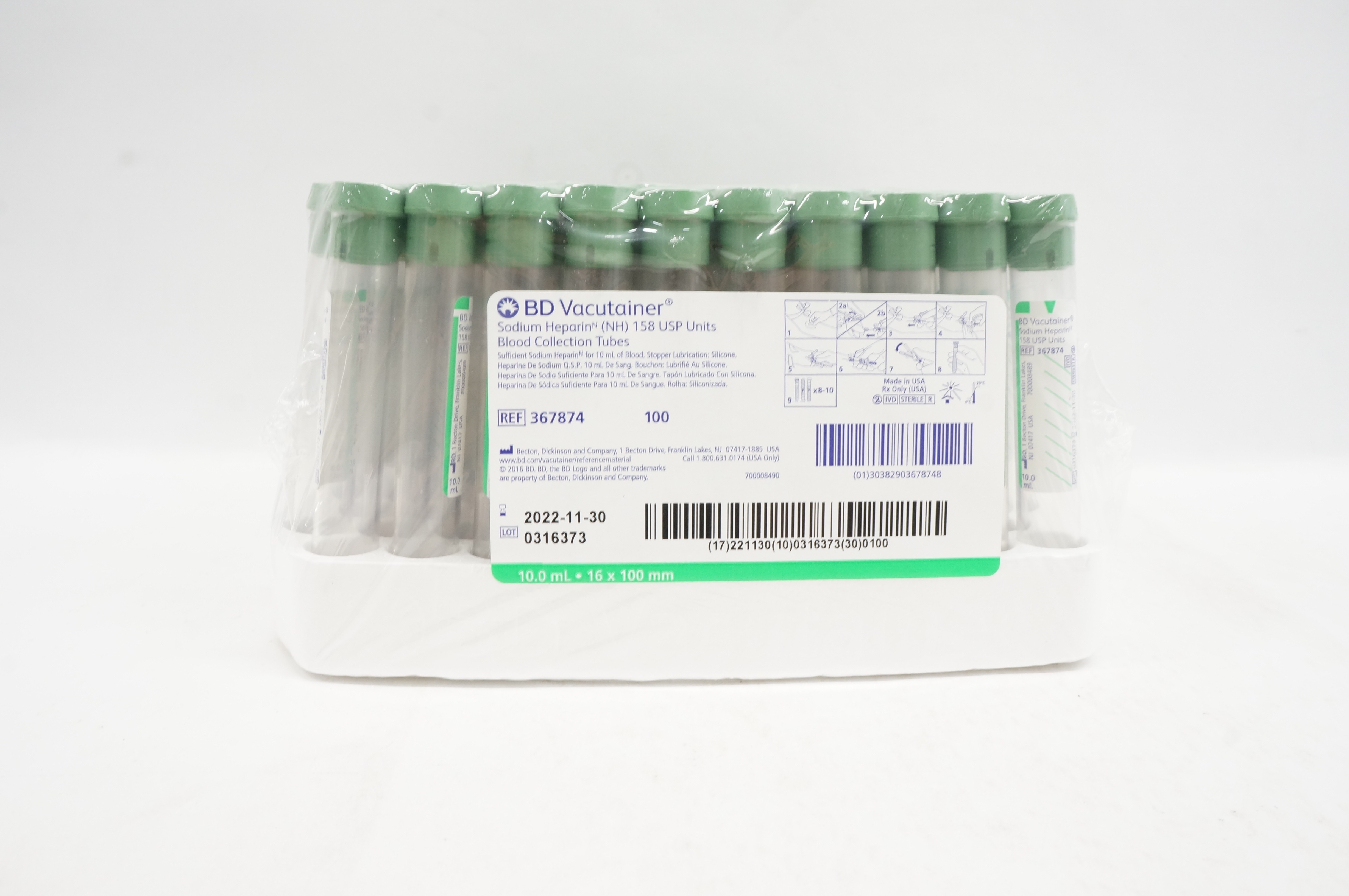 BD 367874 Vacutainer NH Blood Collection Tubes 10.0mL 16 x 100mm - Box of 100