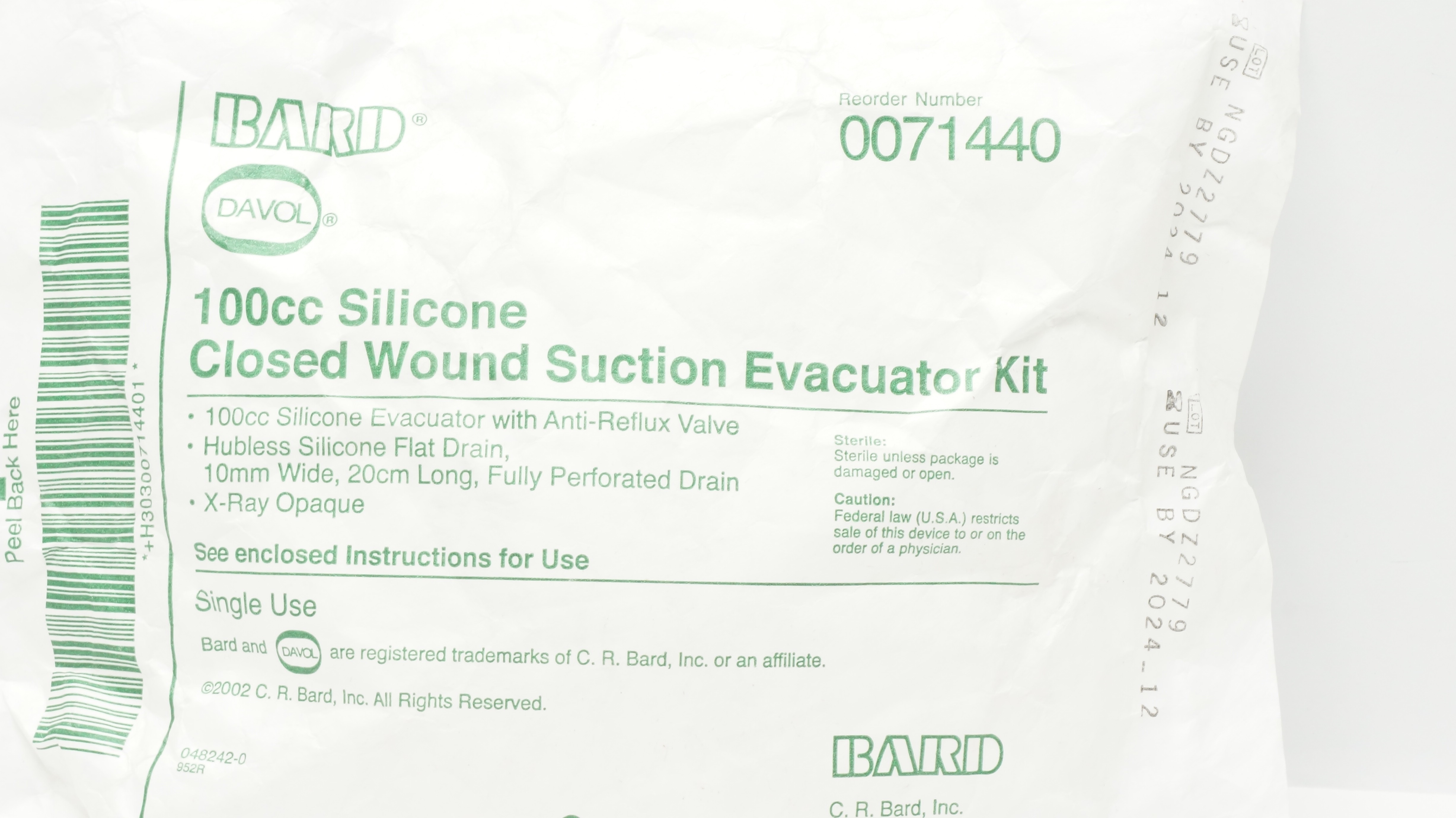 Bard 0071440 Davol 100cc Silicone Closed Wound Suction Evacuator Kit (x)