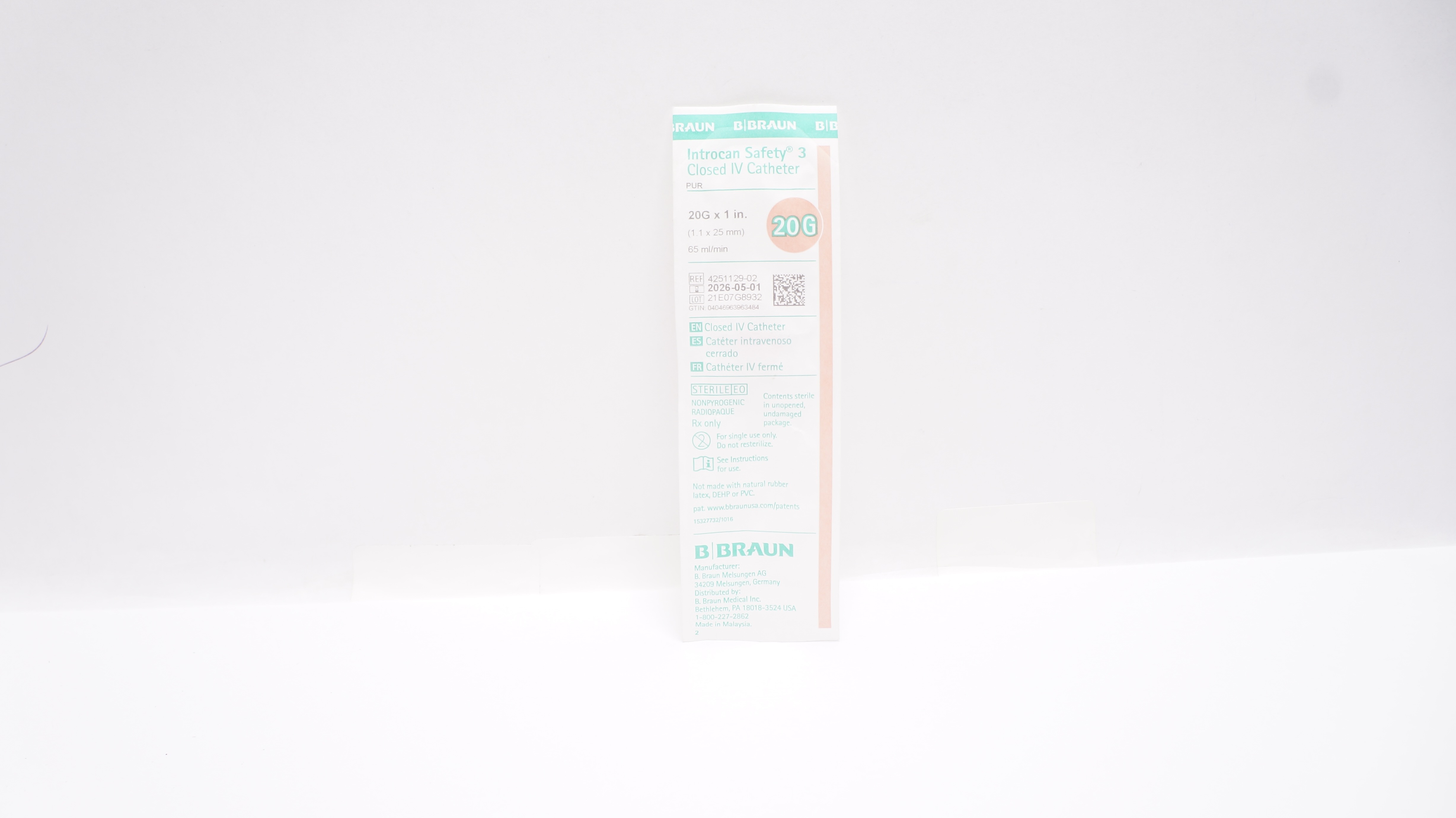 Braun 4251129-02 Introcan Safety 3 Closed IV Cath. 20G x 1 inch x 65mL/min