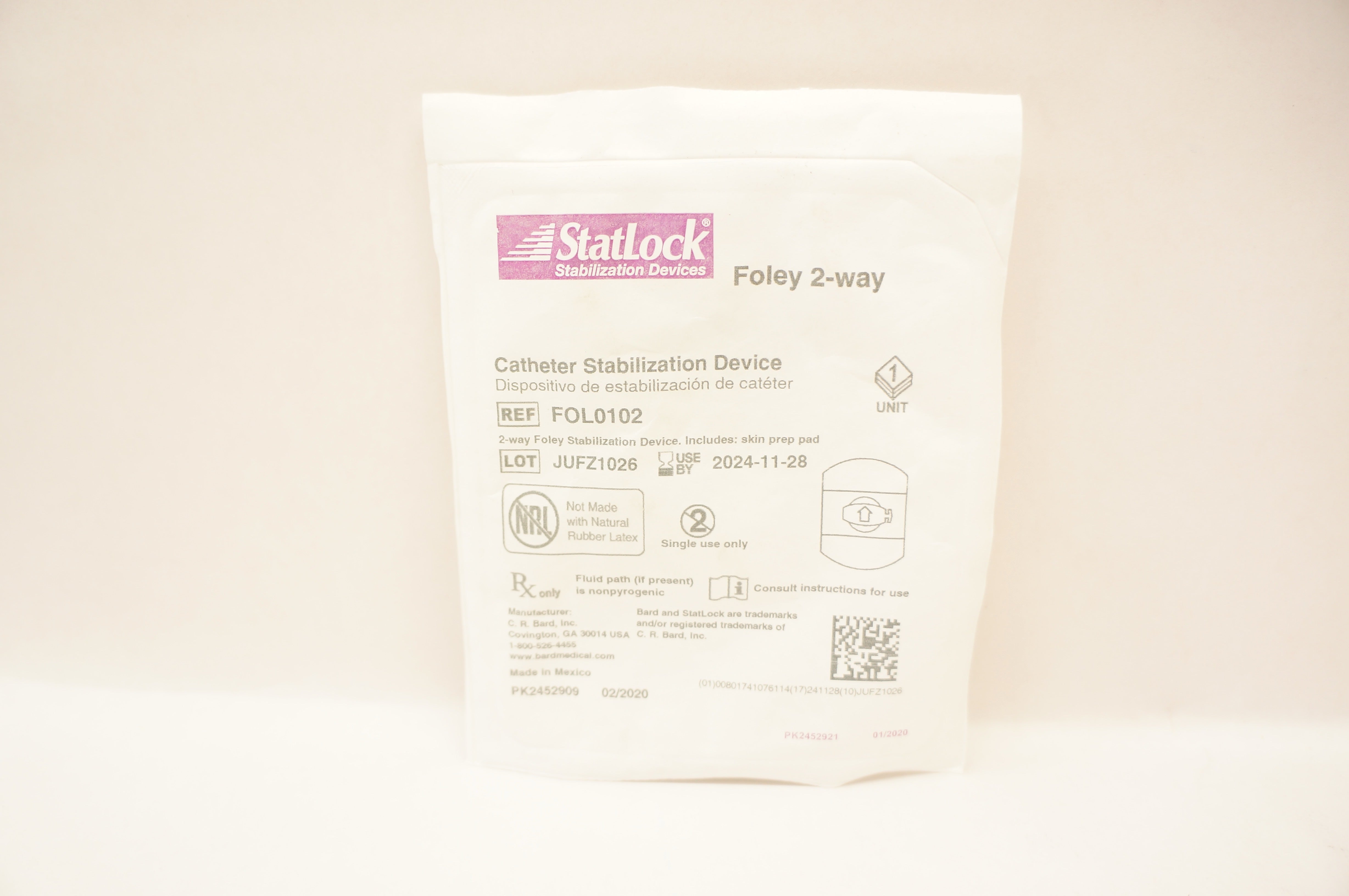 Bard FOL0102 StatLock Cath. Stabilization Device Foley 2-way