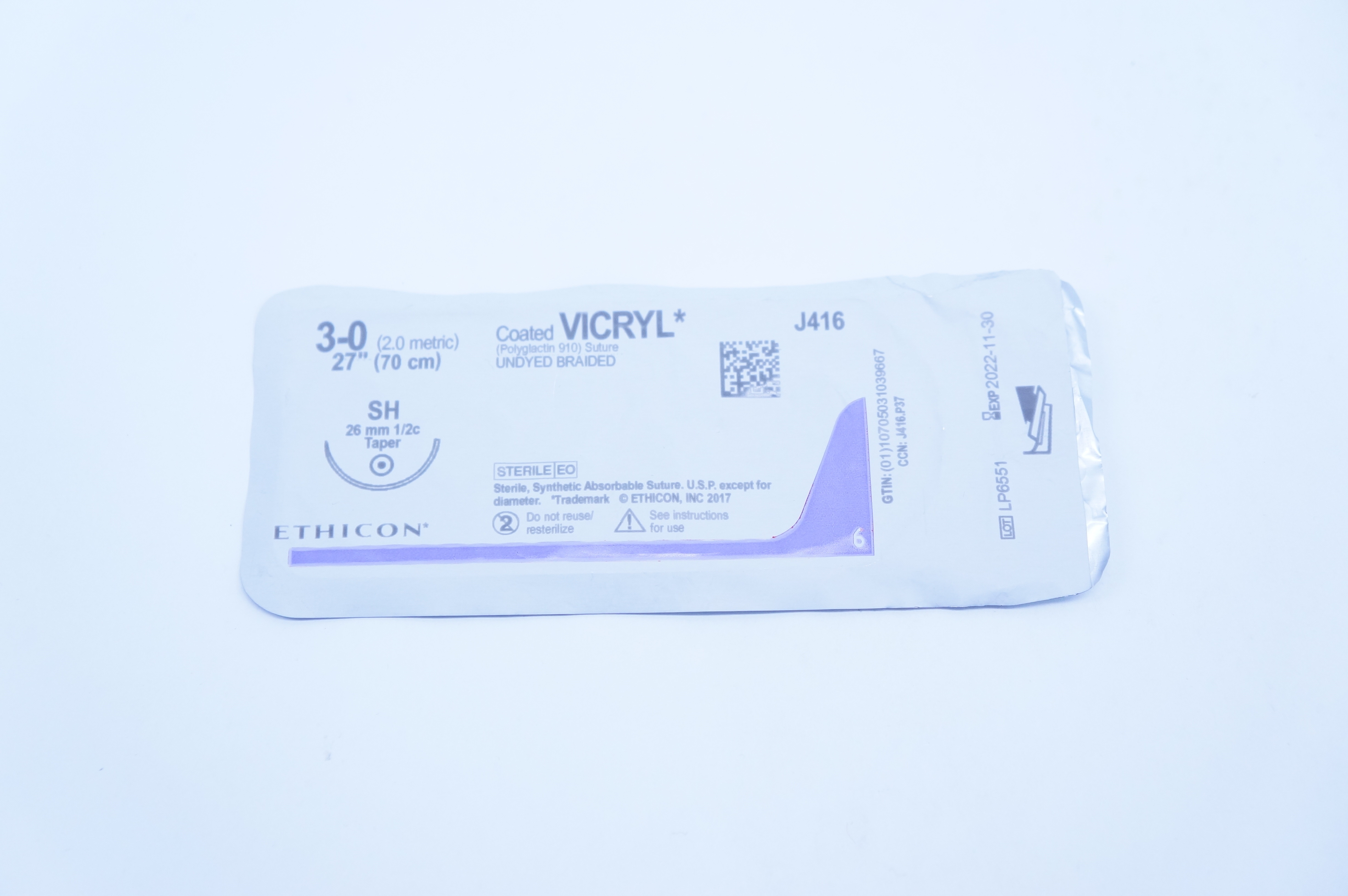 Ethicon J416 3-0 VICRYL, SH, 26mm 1/2c Taper, 27inch (x)