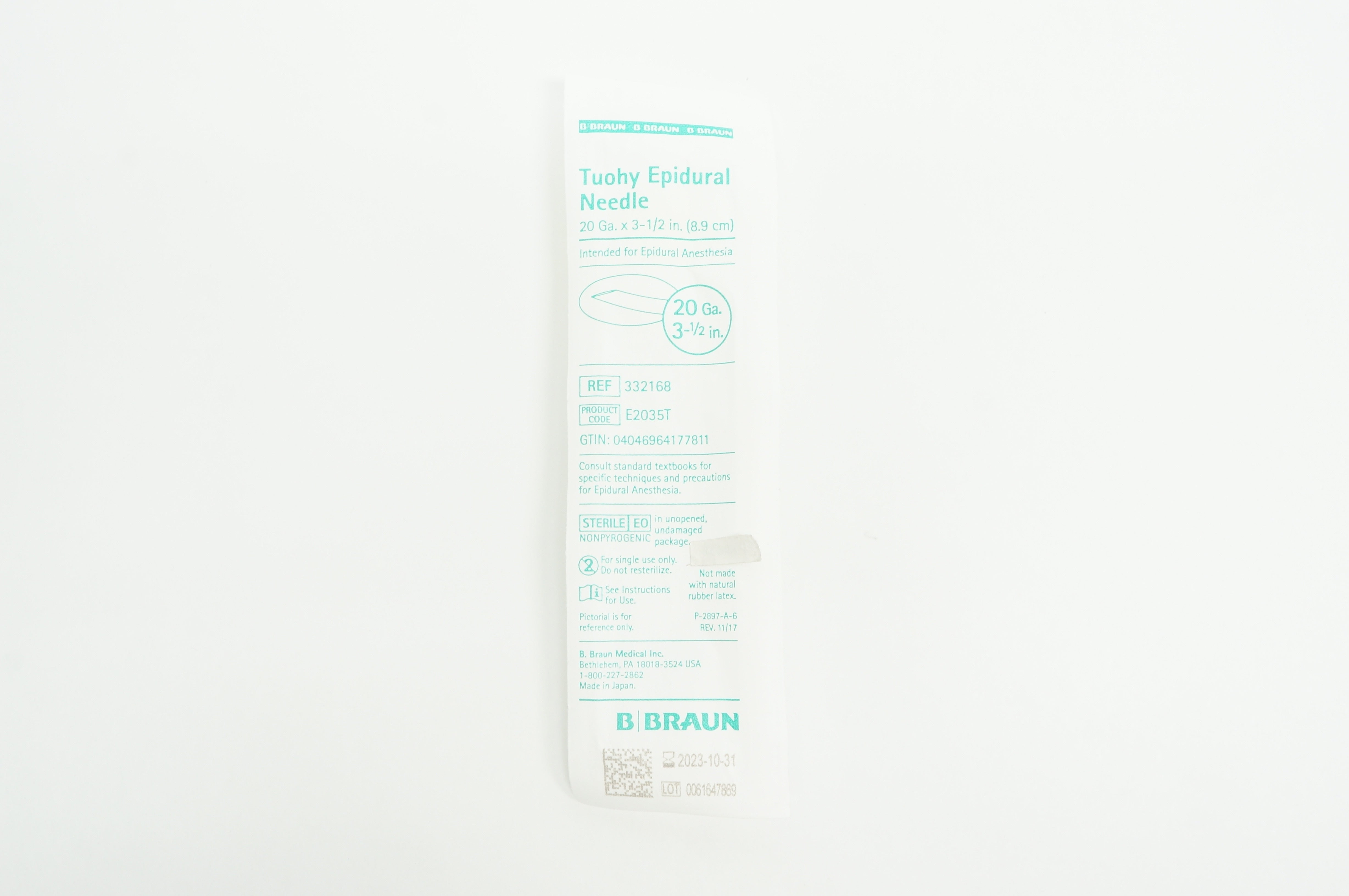 B.Braun 332168 Epidural Ndle Perifix Tuohy Style 20Ga x 3-1/2In