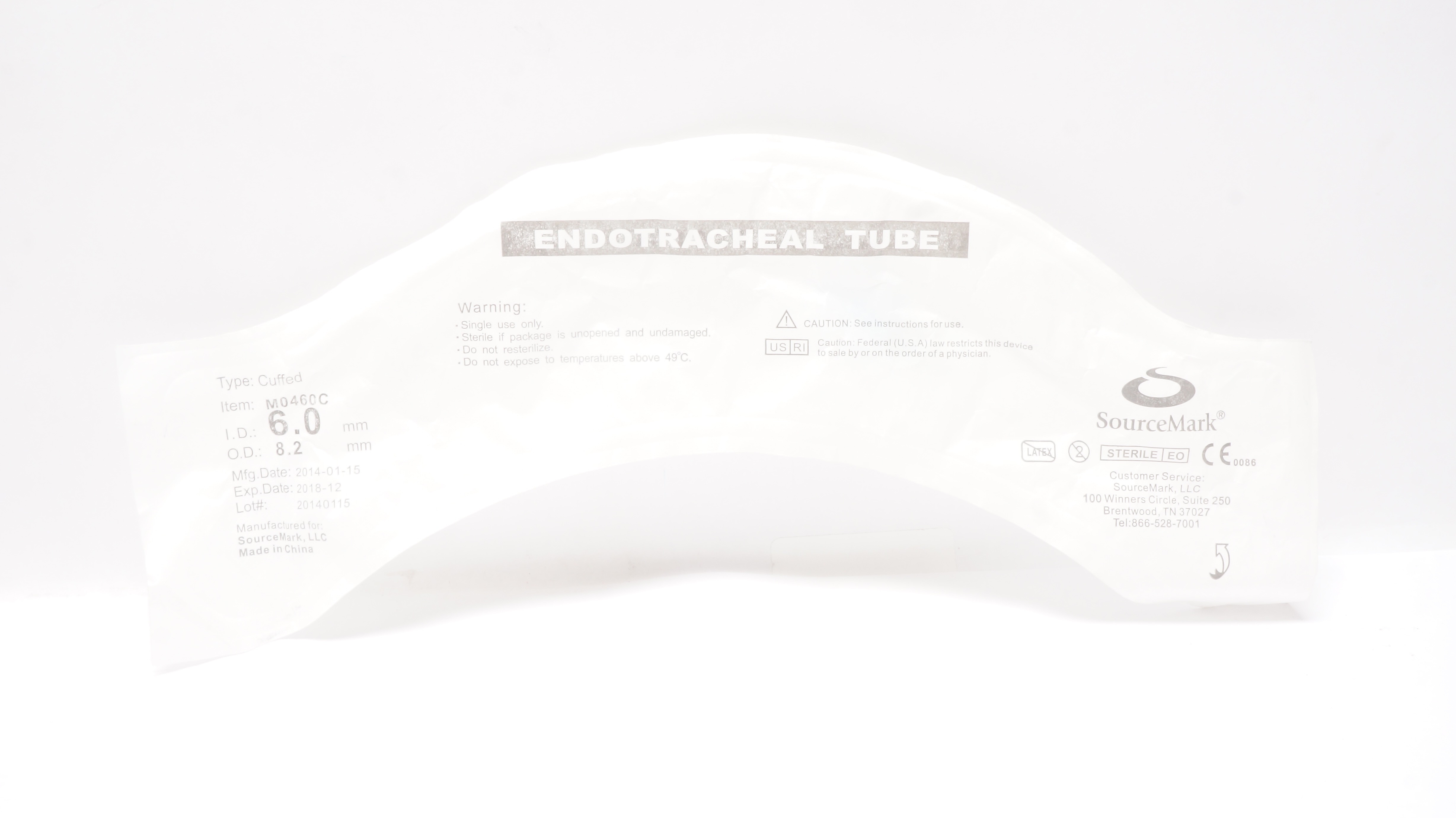 SourceMark M0460C Endotracheal Cuffed Tube 6.0mm I.D. x 8.2mm O.D. (x)