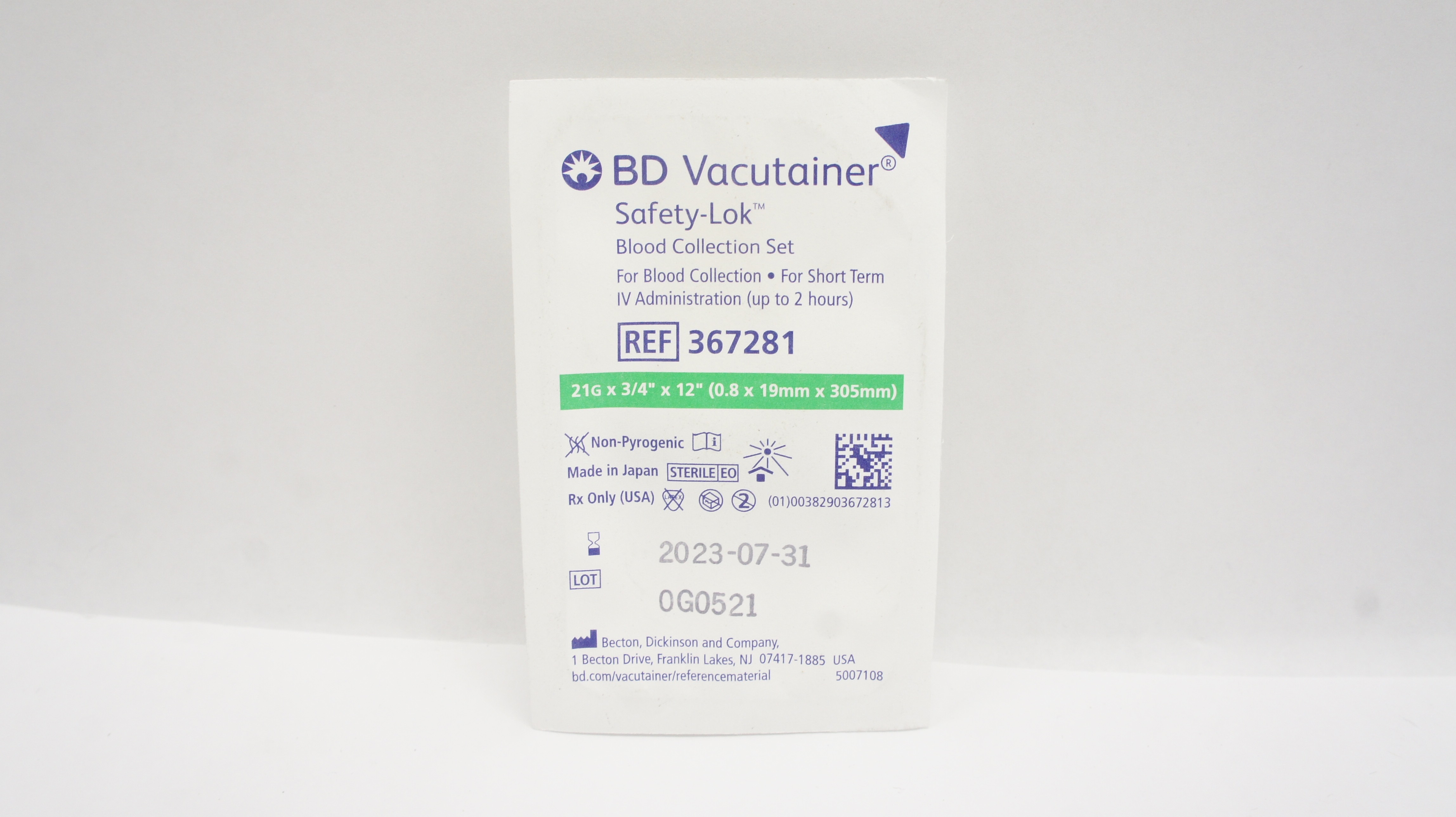 BD 367281 Vacutainer Safety-Lok Blood Collection Set 21G x 3/4inch x 12inch