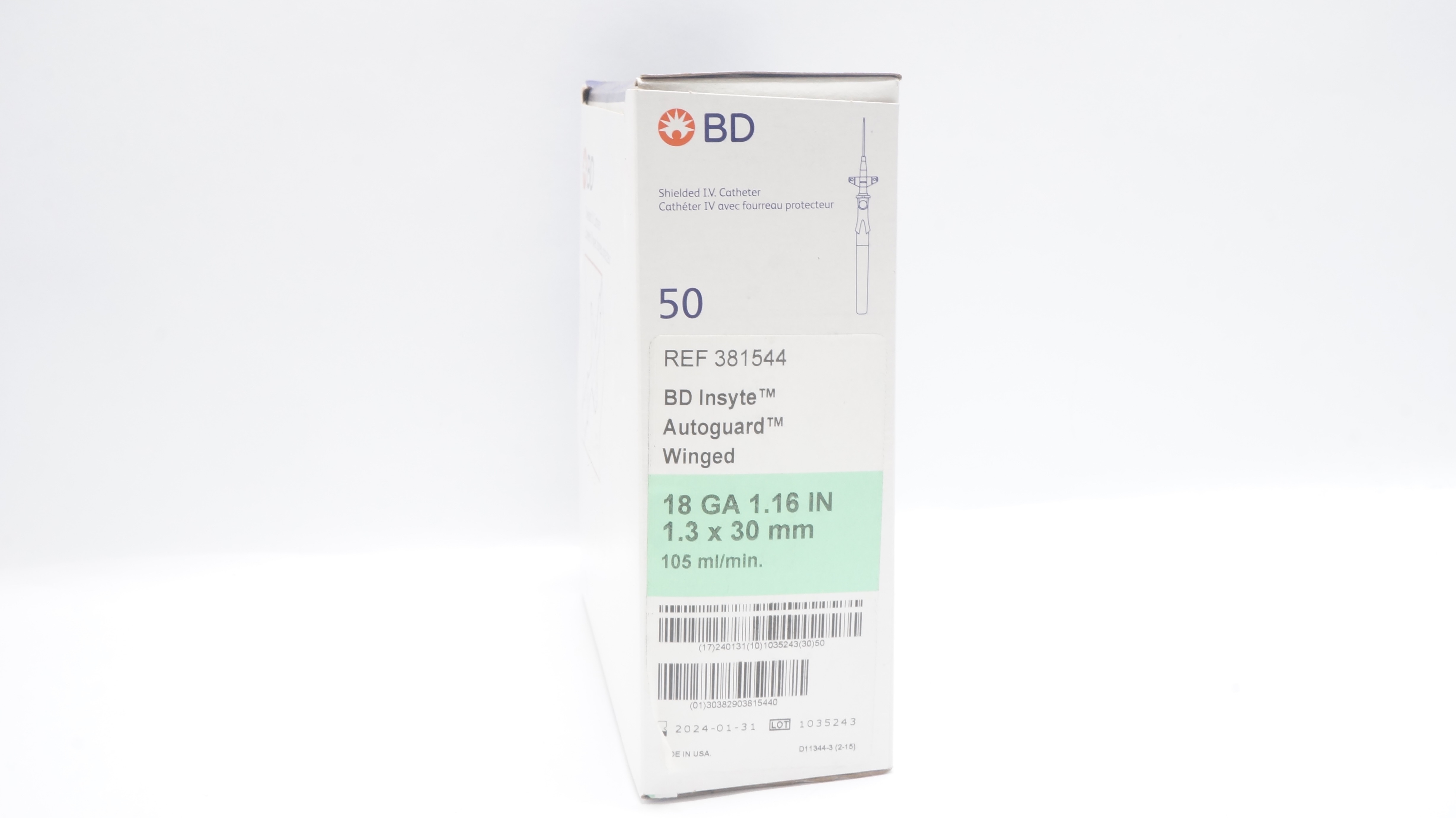 BD 381544 Insyte Autoguard Winged Shield IV Cath. 18Ga x 1.16inch (x) -Box of 50