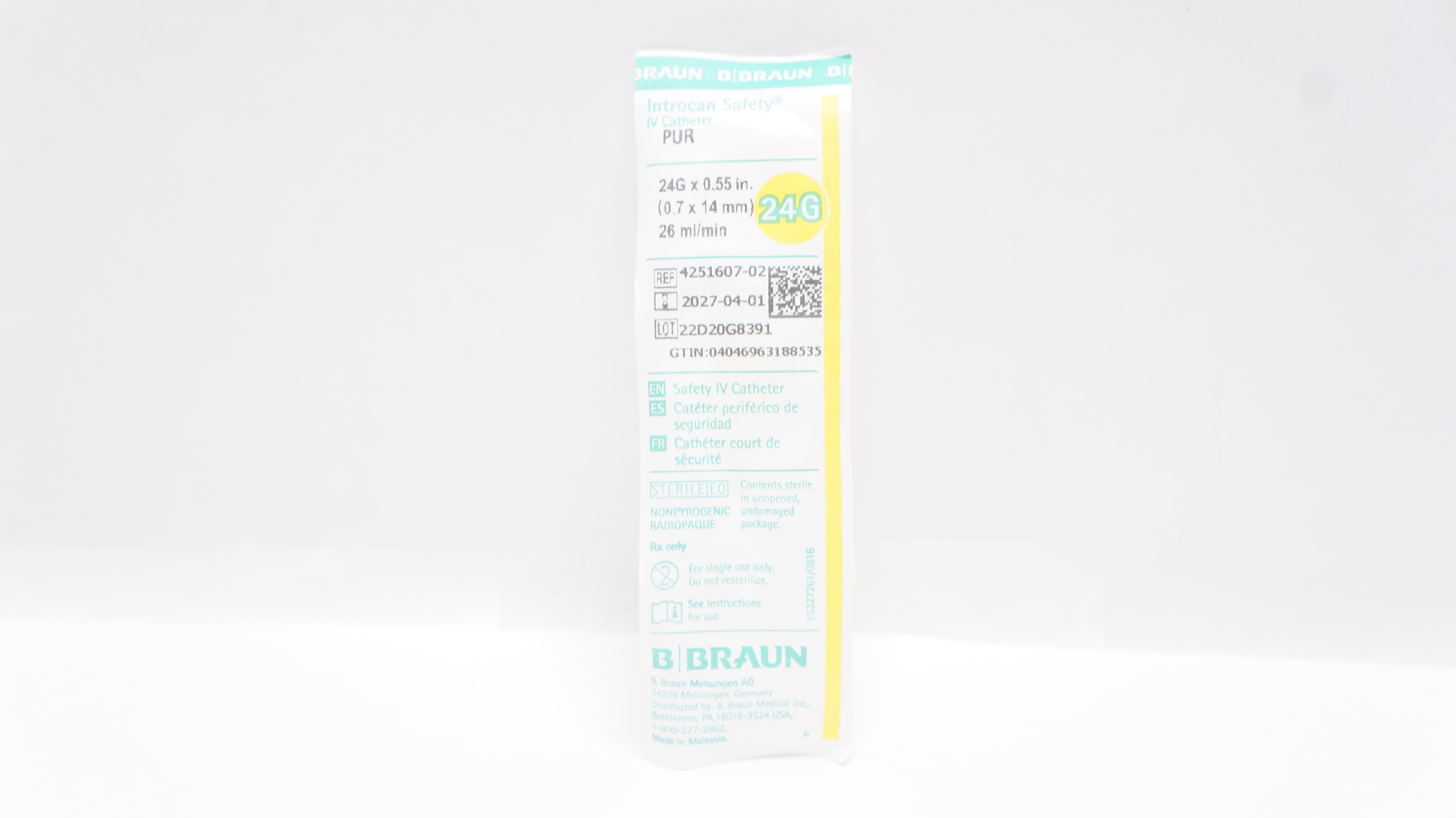 Braun 4251607-02 Introcan Safety IV Cath. 24G x 0.55inch 26ml/min