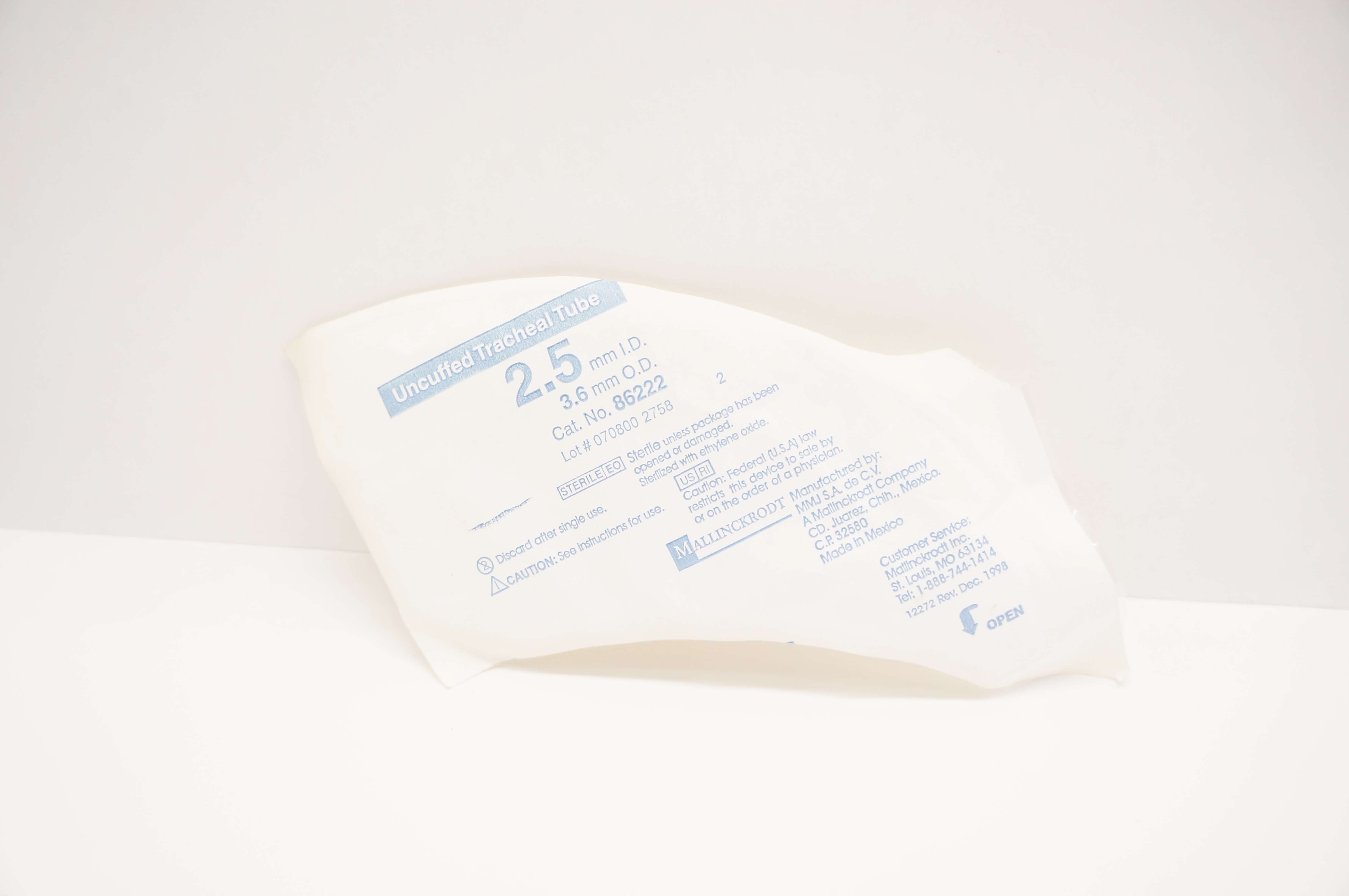 Mallinckrodt 86222 Uncuffed Tracheal Tube 2.5mm I.D. x 3.6mm O.D.