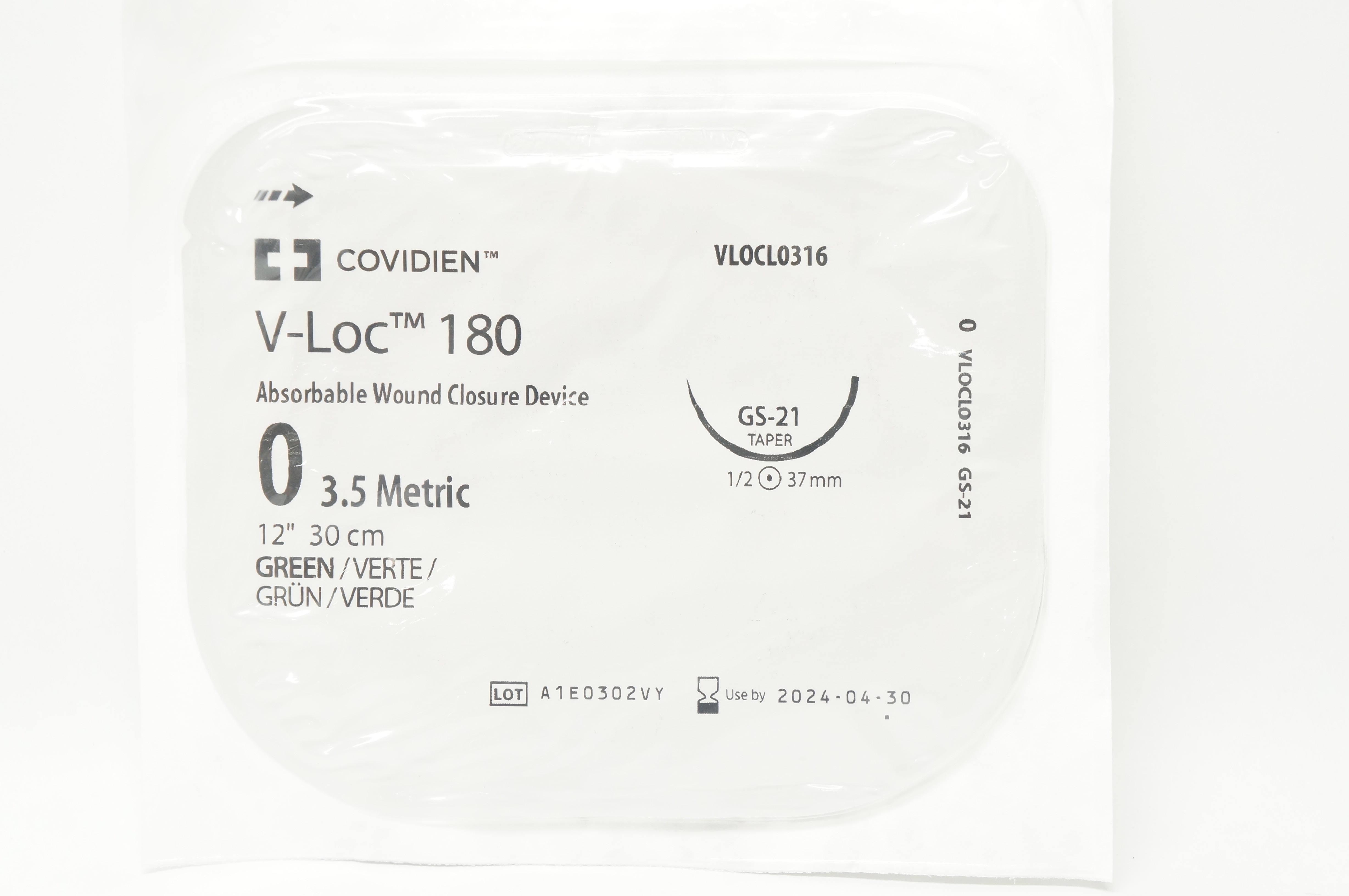 Covidien VLOCL0316 0 V-Loc 180 Wound Closure Device GS-21 Taper 1/2 37mm 12inch