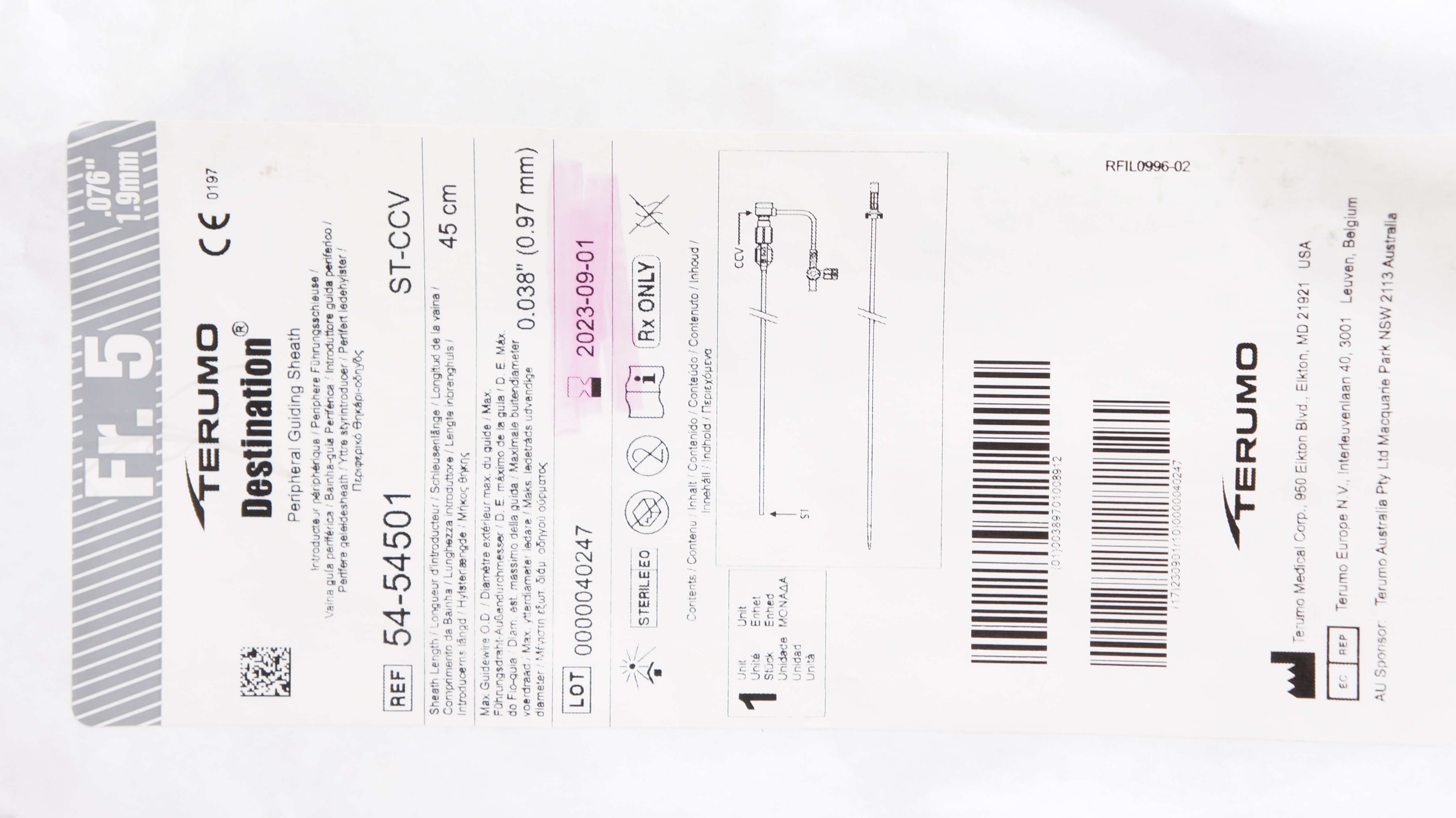 Terumo 54-54501 Destination Peripheral Guiding Sheath 5Fr x 45cm x 0.038inch (x)