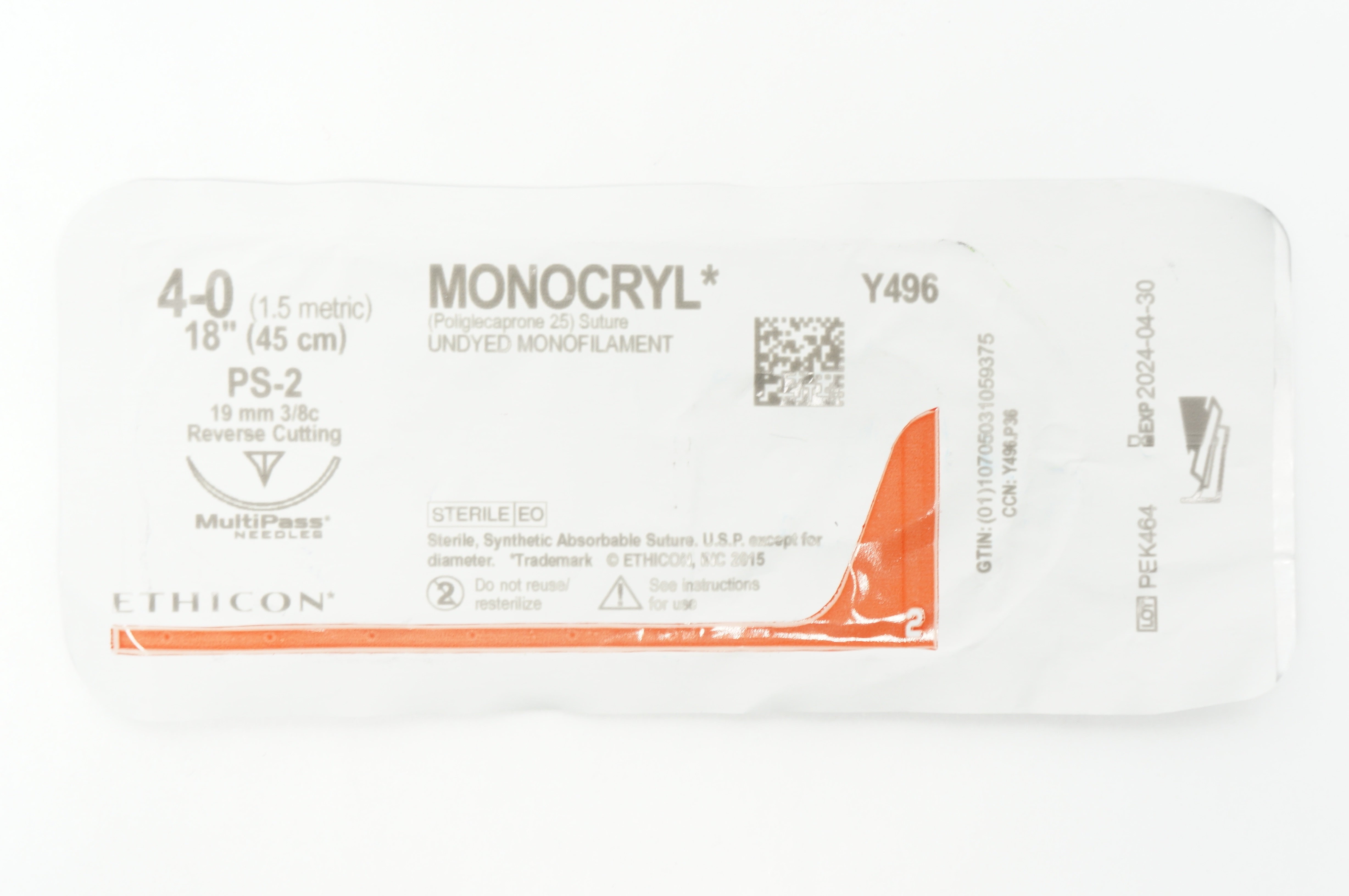 Ethicon Y496 4-0 MONOCRYL Undyed PS-2 19mm 3/8c Reverse Cutting, 18inch (x)