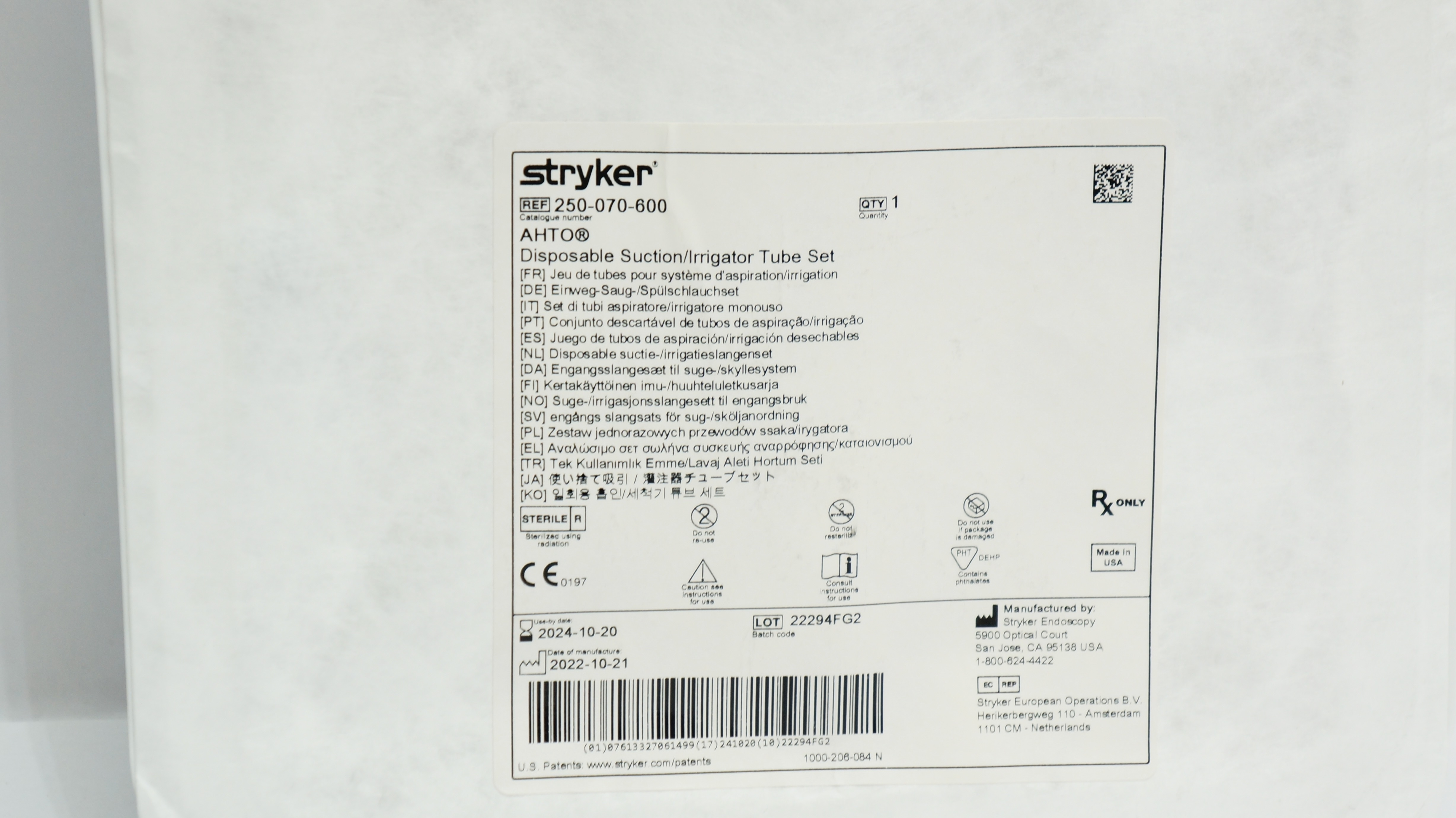 Stryker 250-070-600  AHTO Disposable Suction/Irrigator Tube Set