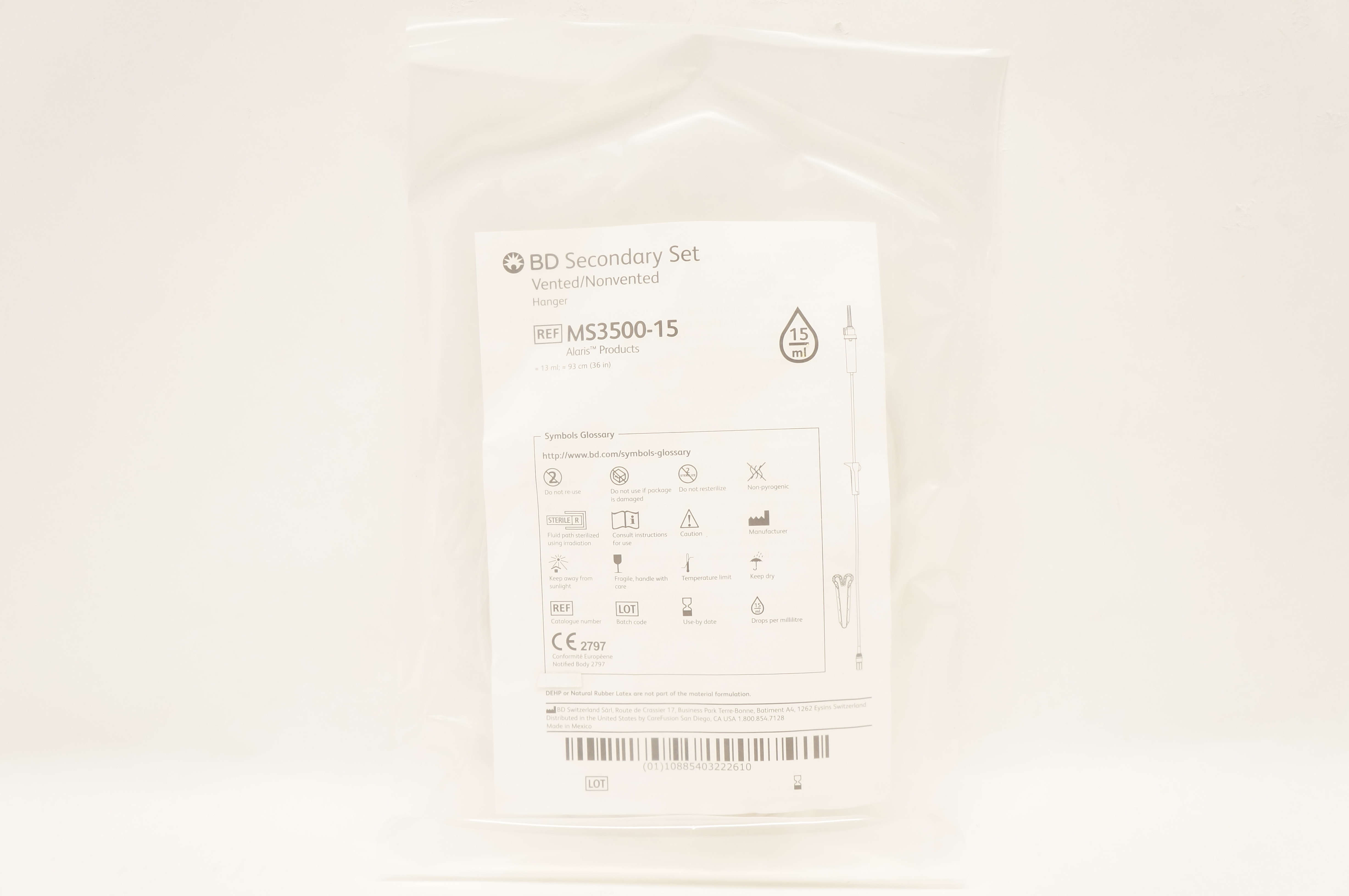 BD MS3500-15 Alaris Secondary Set Vented/Nonvented Hanger 13 ml x 36 inch (x)