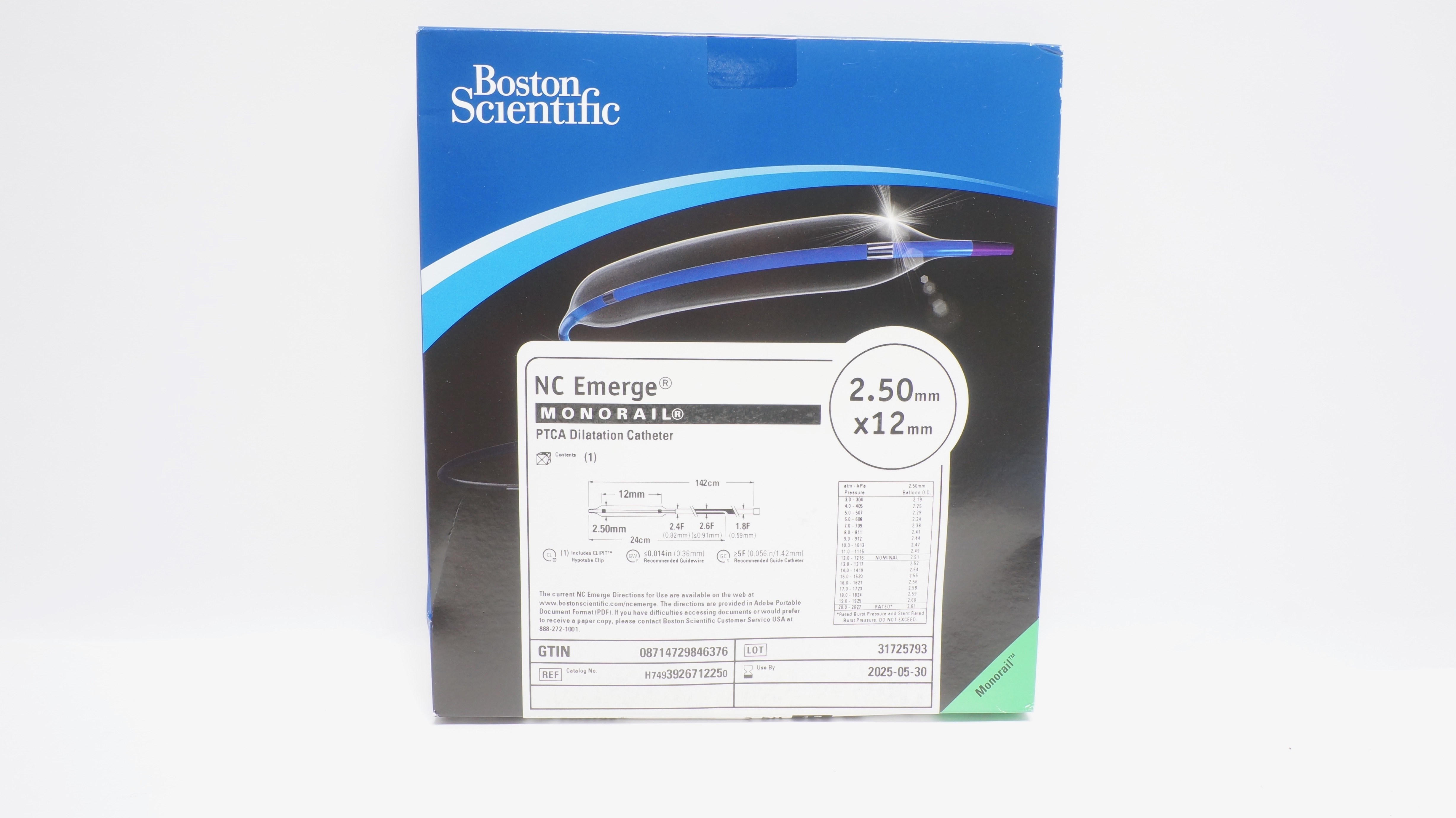 Boston Scientific 392671225 NC Emerge Monorail PTCA Dilatation Cath 2.50x12mm(x)