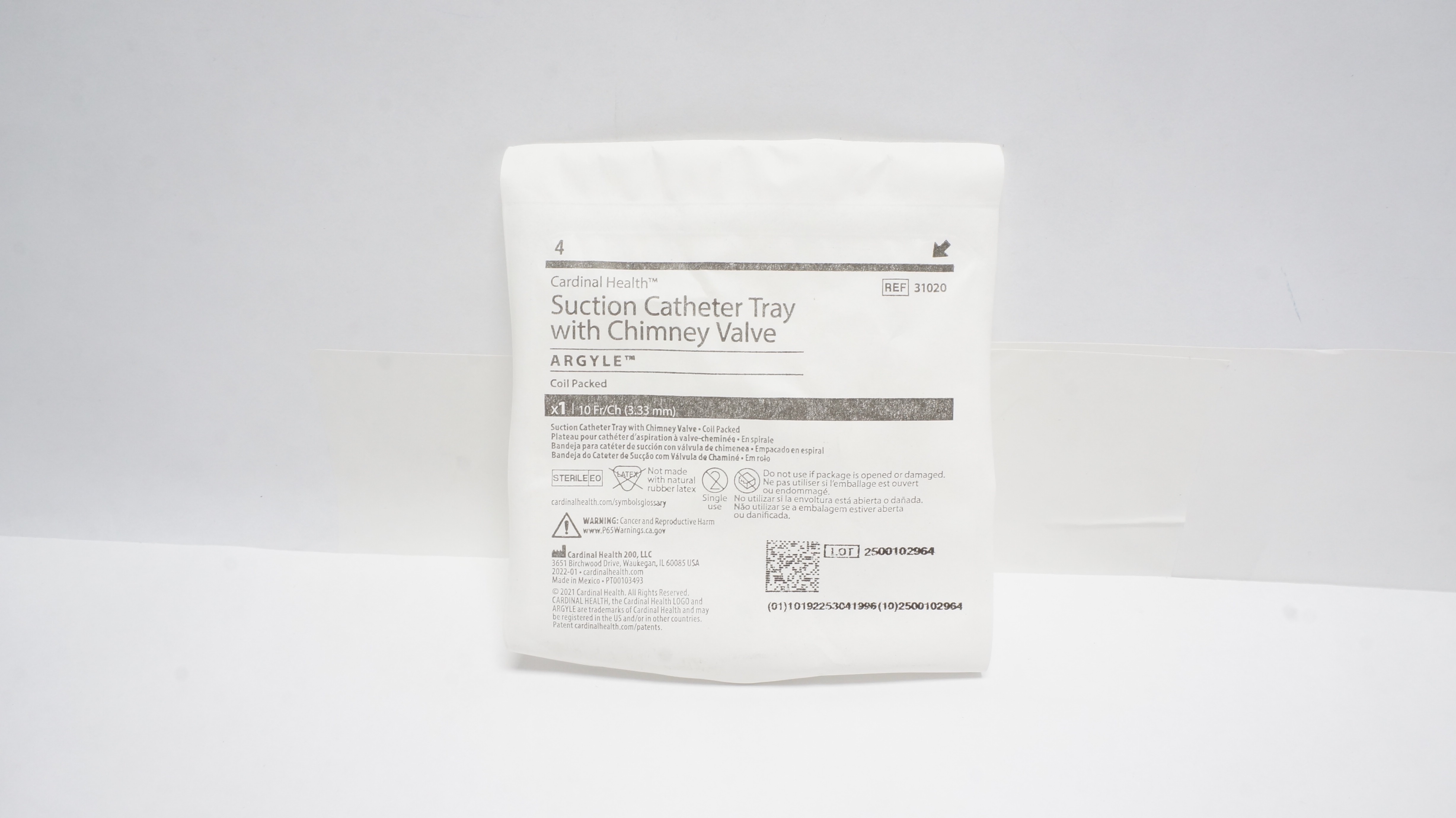 Cardinal Health 31020 Suction Cath. Tray W/Chimney Valve Argyle 10Fr/Ch