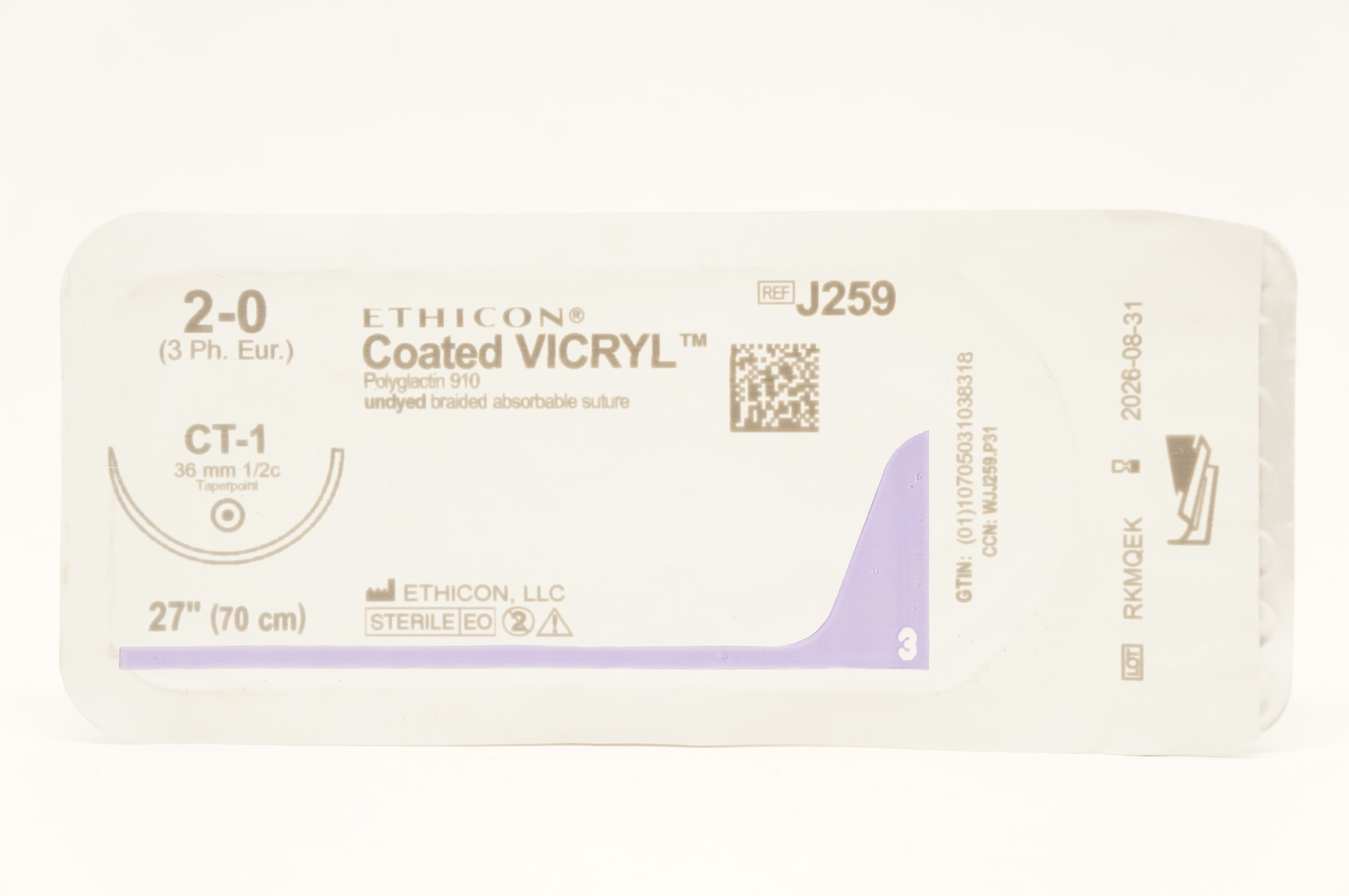 Ethicon J259 2-0 Coated VICRYL Stre CT-1 36mm 1/2c Taperpoint, 27 inch