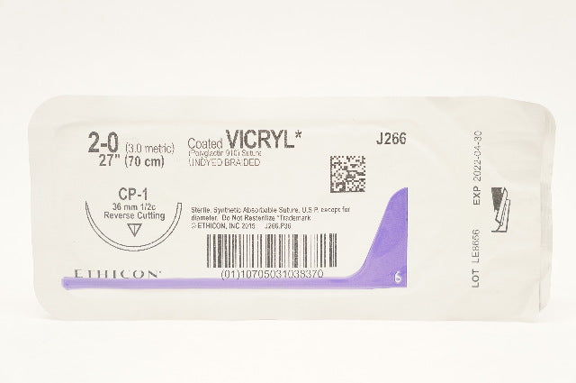 Ethicon J266 2-0 Coated VICRYL Stre CP-1 36mm 1/2c Reverse Cutting, 27inch (x)