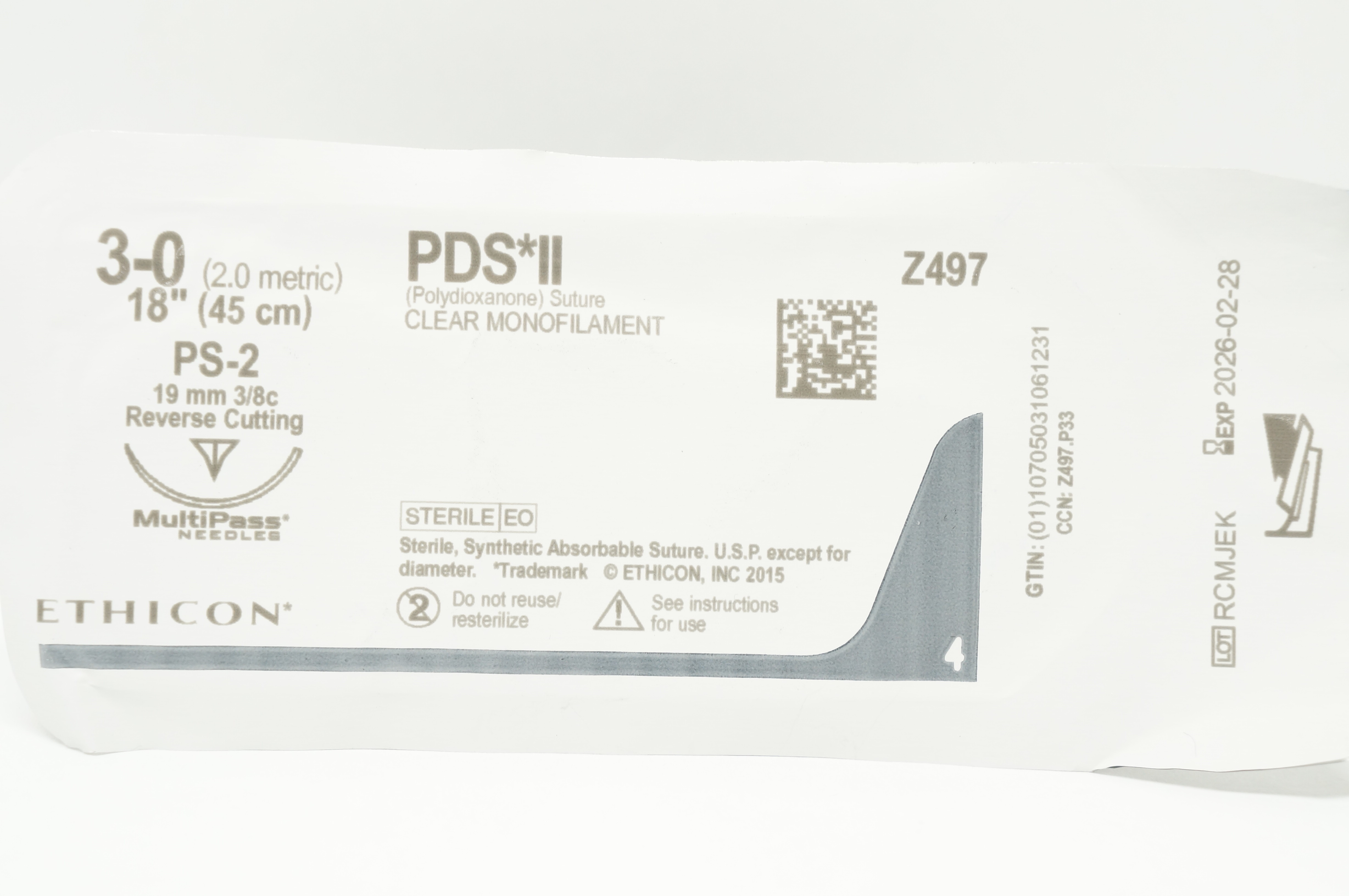 Ethicon Z497 3-0 PDS II, PS-2, 19mm 3/8c Reverse Cutting, 18inch