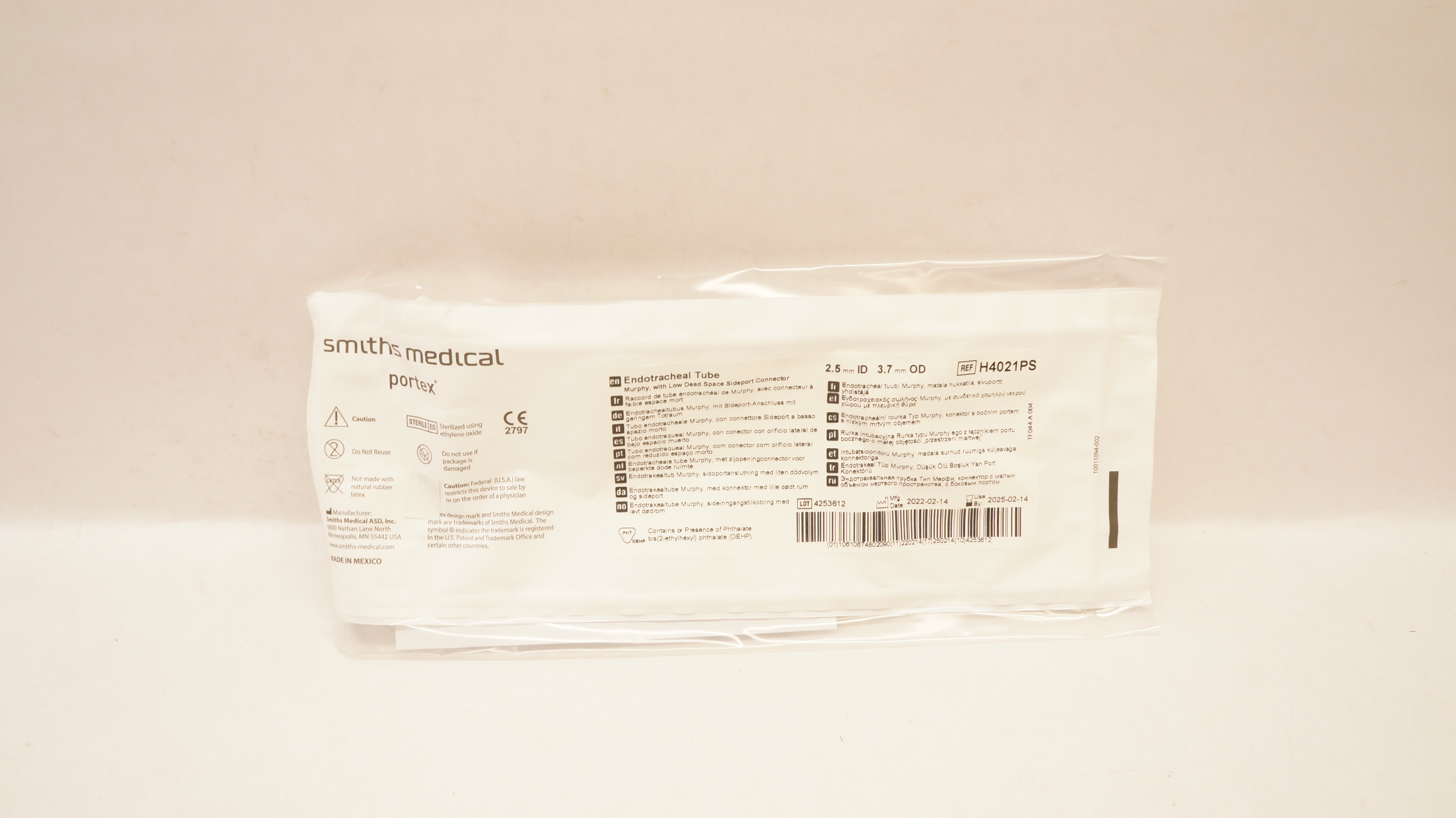 Smiths Medical H4021PS Portex Endotracheal Tube 2.5mm ID x 3.7mm OD