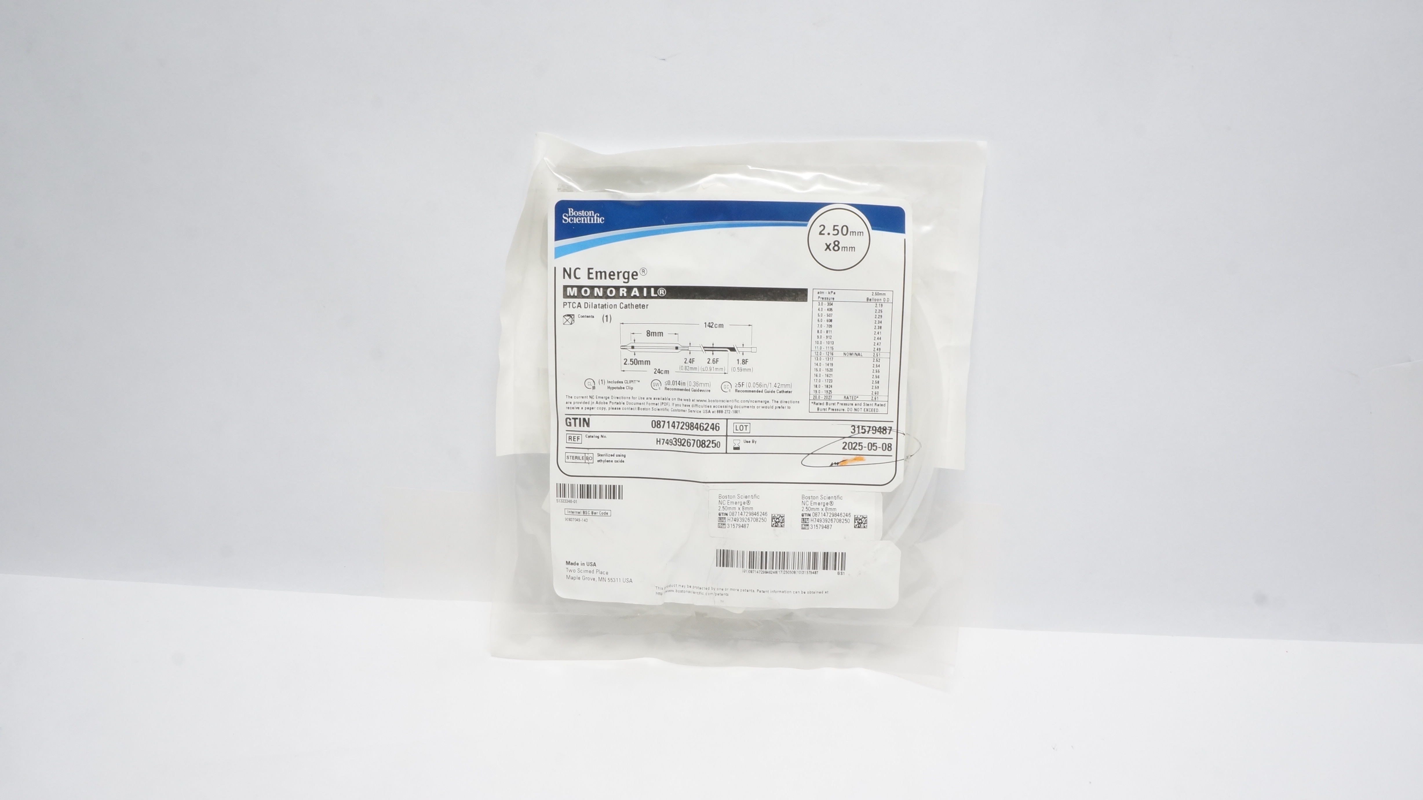 Boston Scientific 392670825NC Emerge Monorail PTCA Dilatation Cath.2.50 x 8mm(x)