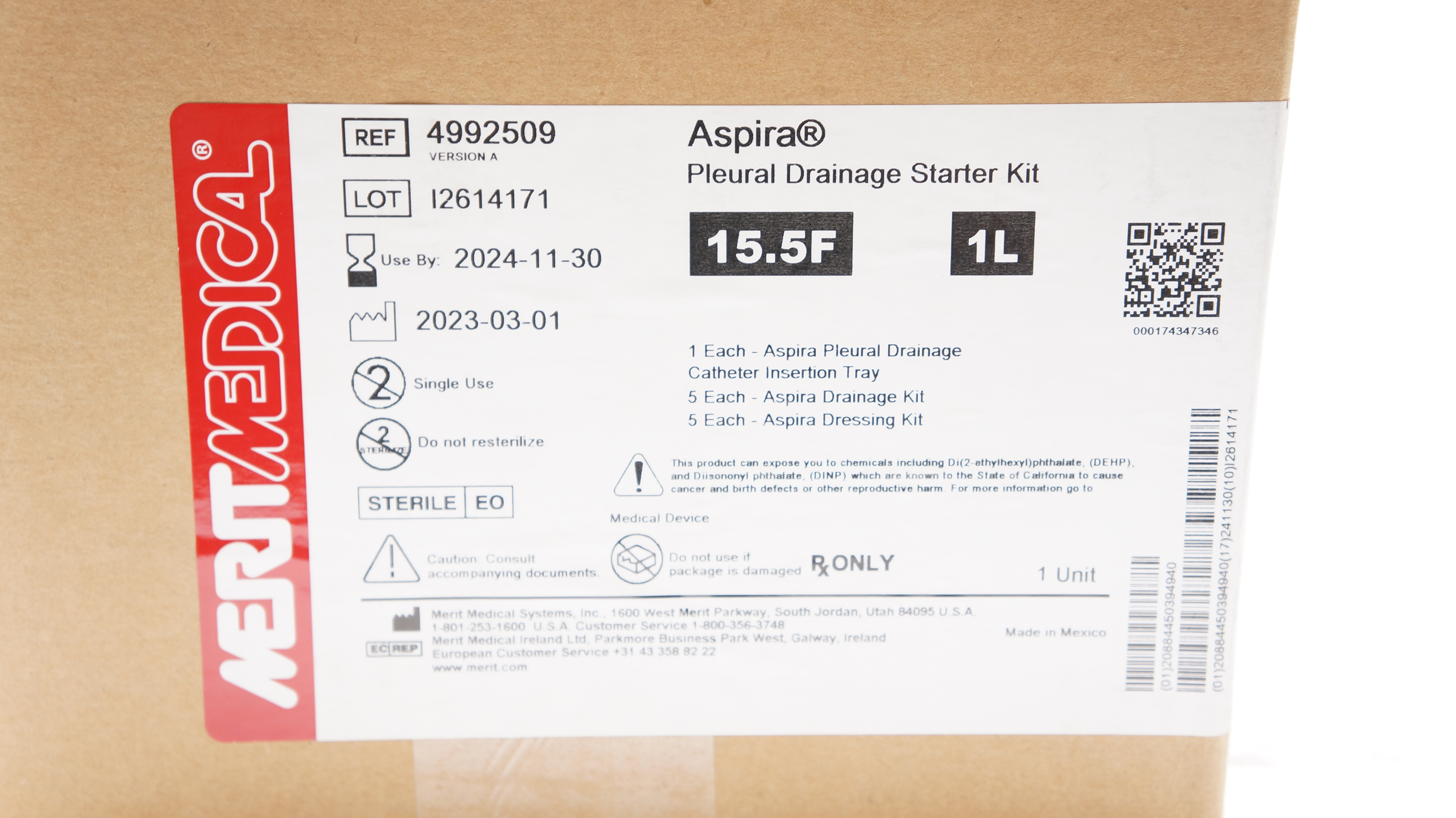 Merit Medical 4992509 Aspira Pleural Drainge Starter Kit 15.5 F - Box of 10