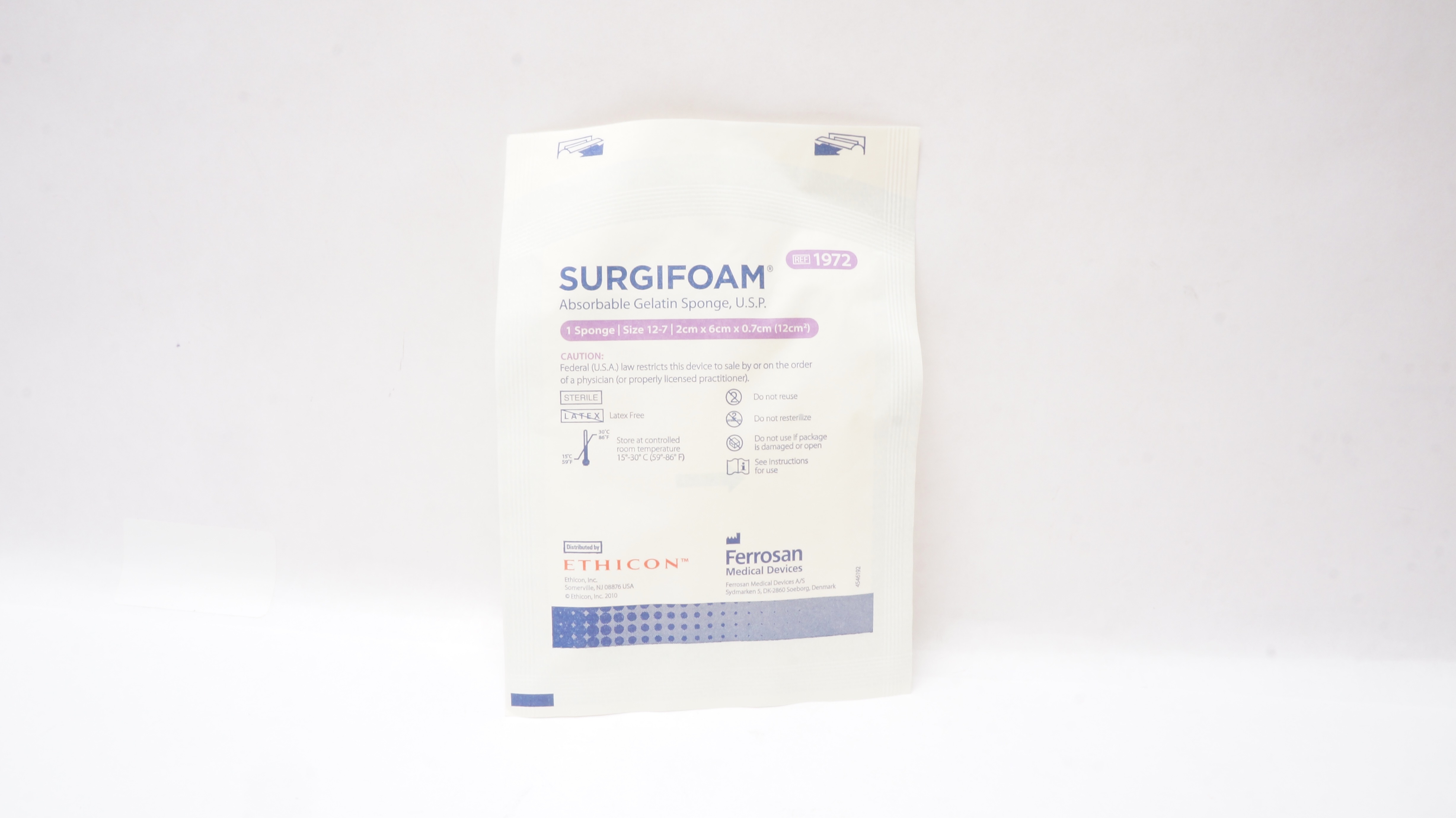Ethicon 1972 SURGIFOAM Absorbable Gelatin Sponge U.S.P. Size 12-7, 2 x 6 x 0.7cm
