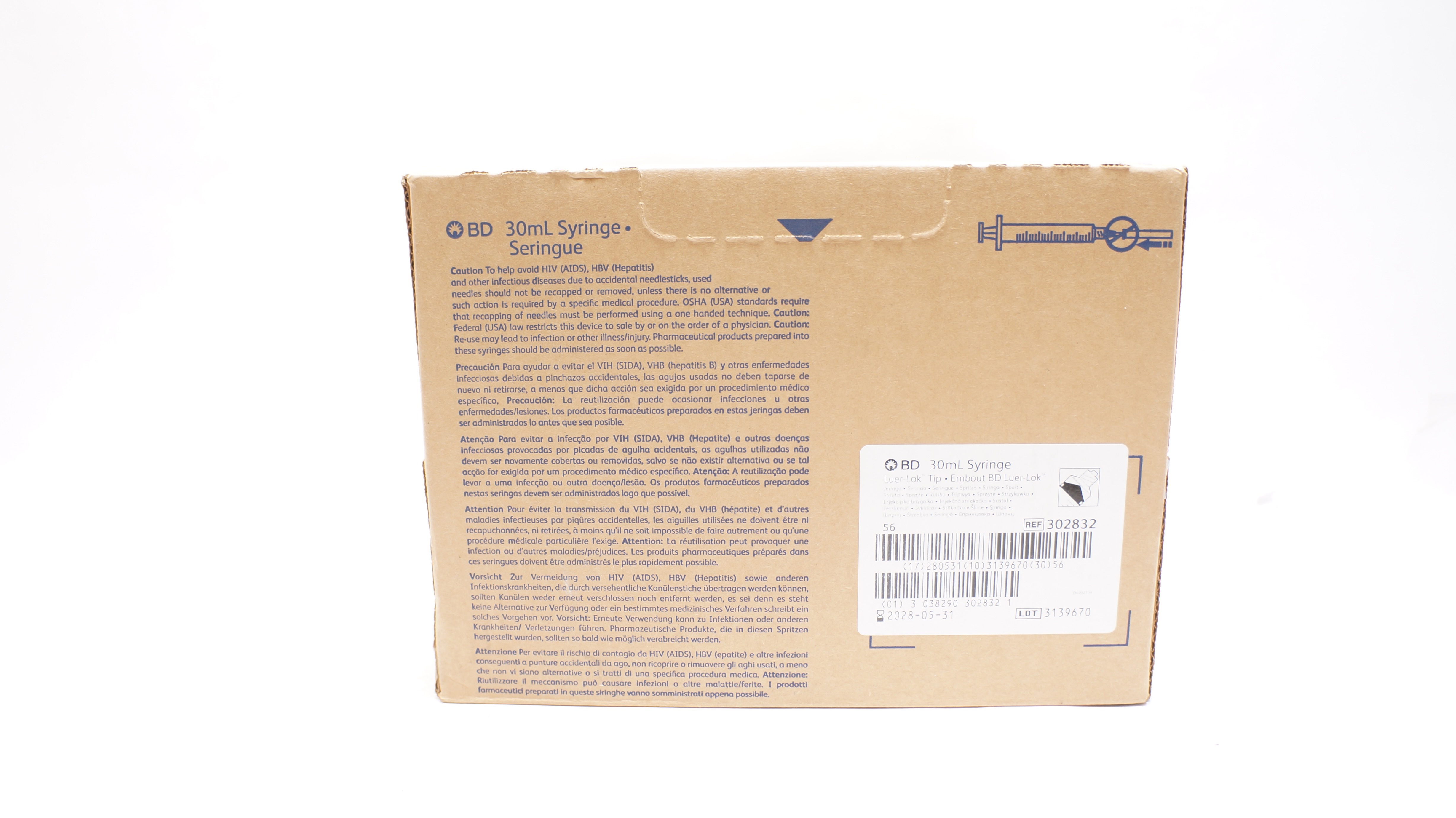 BD 302832 Luer-Lok Tip 30ml Syringe - Case of 56