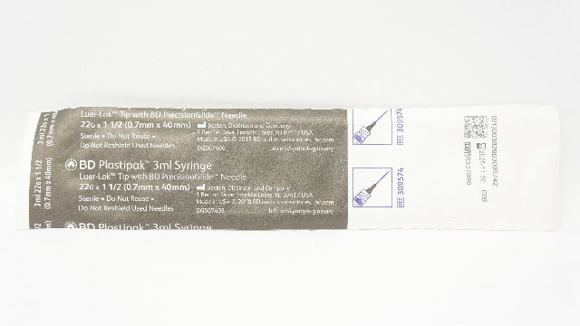 BD 309574 3ml Syringe Luer-Lok Tip W/BD PrecisionGlide Ndle 22Gx1-1/2