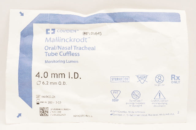 Covidien 86645 Mallinckrodt Oral/Nasal Tracheal Tube Cuffless 4.0mm x 6.2mm (x)