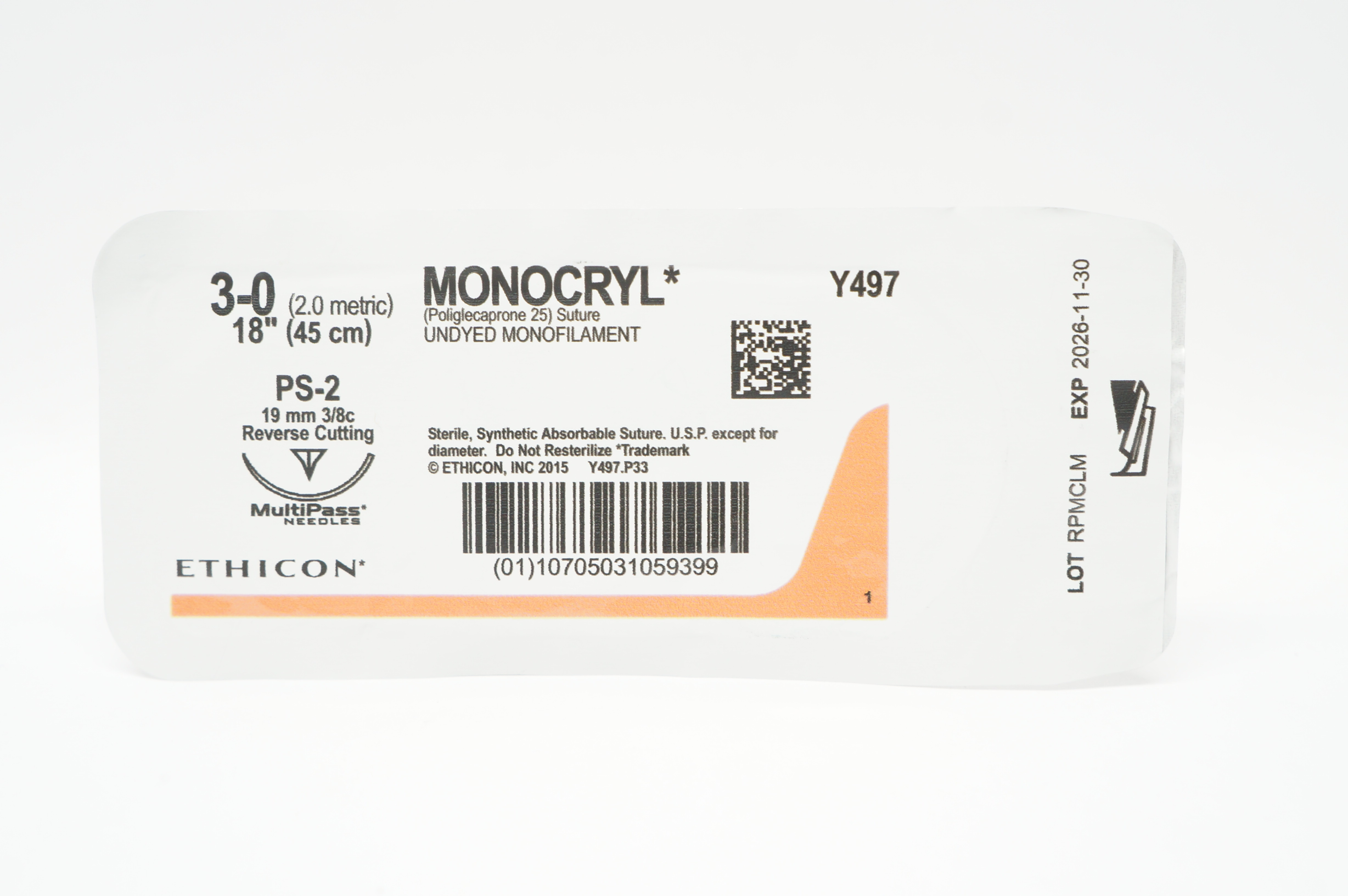 Ethicon Y497 3-0 MONOCRYL Stre PS-2 19mm 3/8c Reverse Cutting 18inch