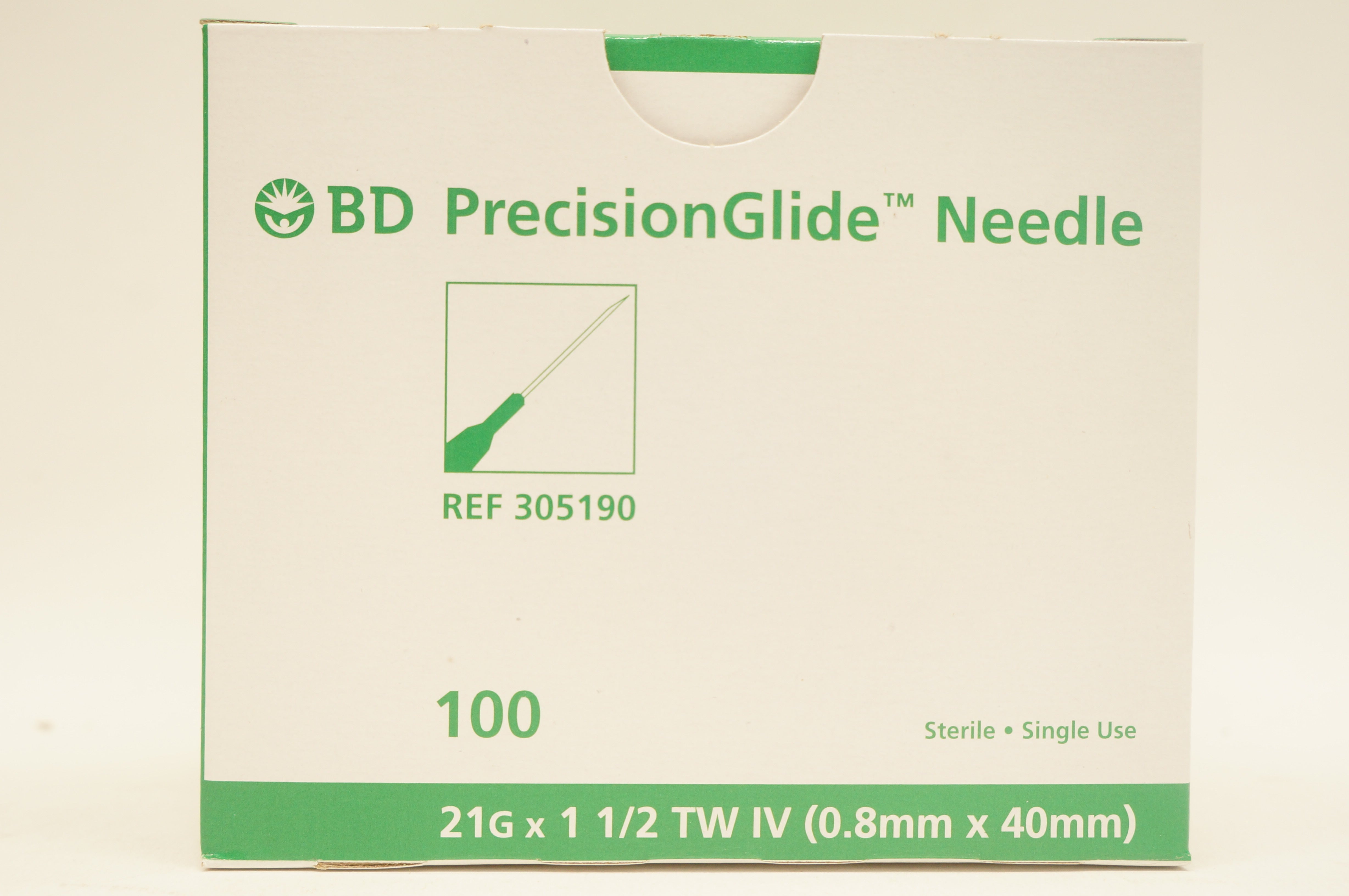 BD 305190 Becton PrecisionGlide  Ndle. TW IV, 21G x 1-1/2inch - Box of 100