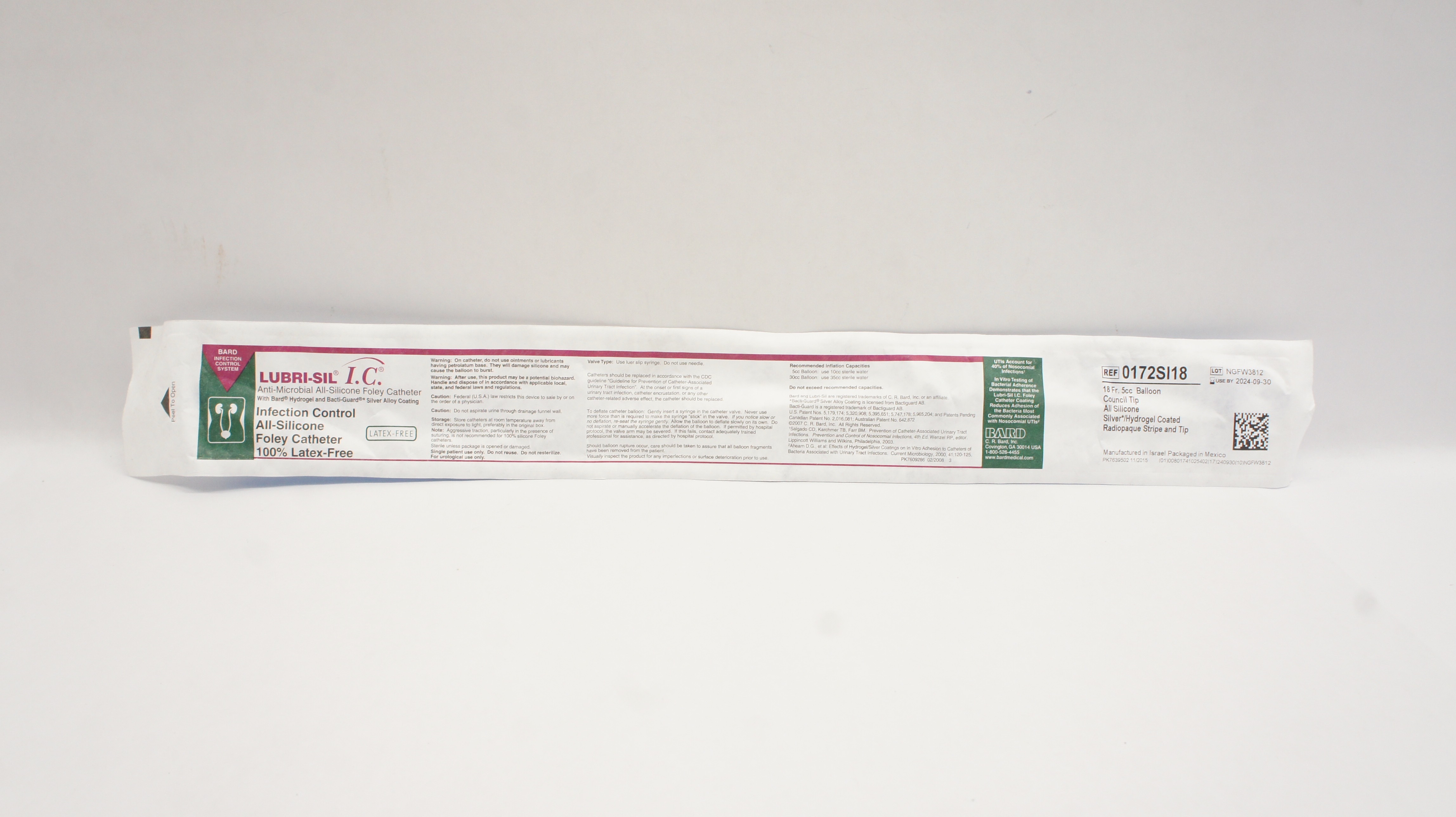 Bard 0172SI18 Lubri-Sil I.C. Anti-Microbial Foley Cath. 18Fr. 5cc Balloon