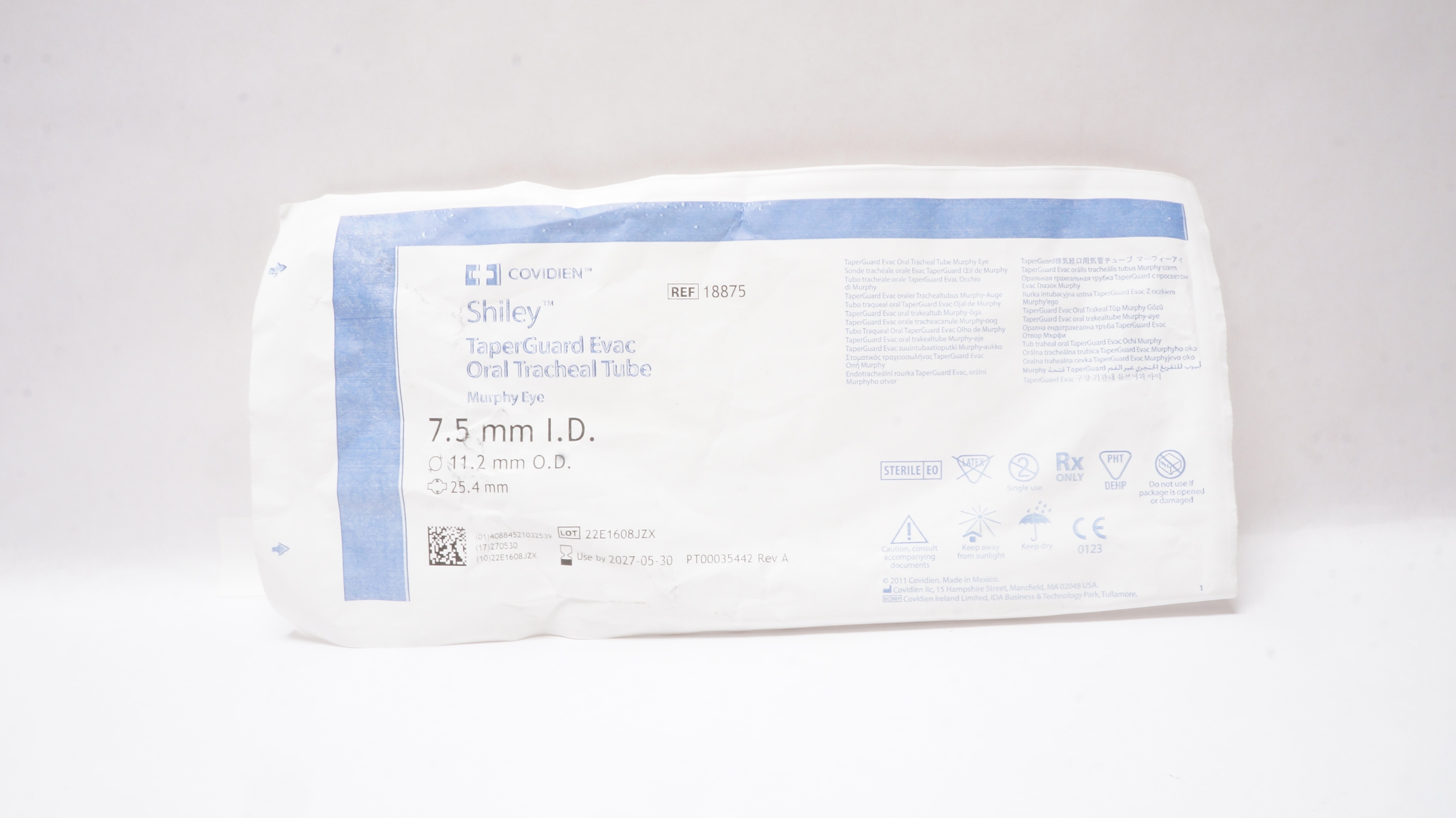 Covidien 18875 Shiley TaperGuard Evac Oral Tracheal Tube 7.5ID x 11.2OD x 25.4mm