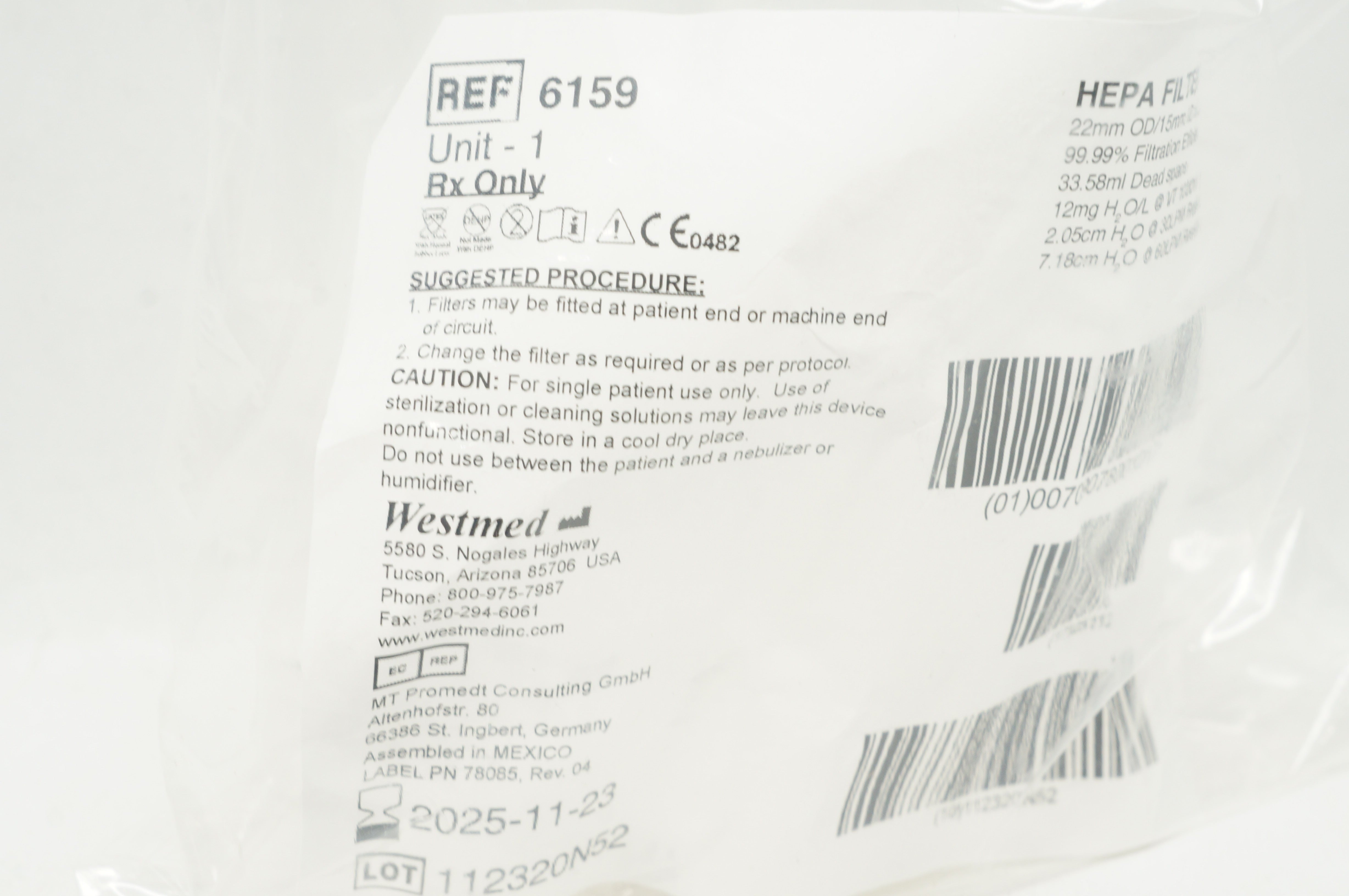 Westmed 6159 Hepa Filter w/CO2 Port 22mm OD/15mm ID x 22mm ID