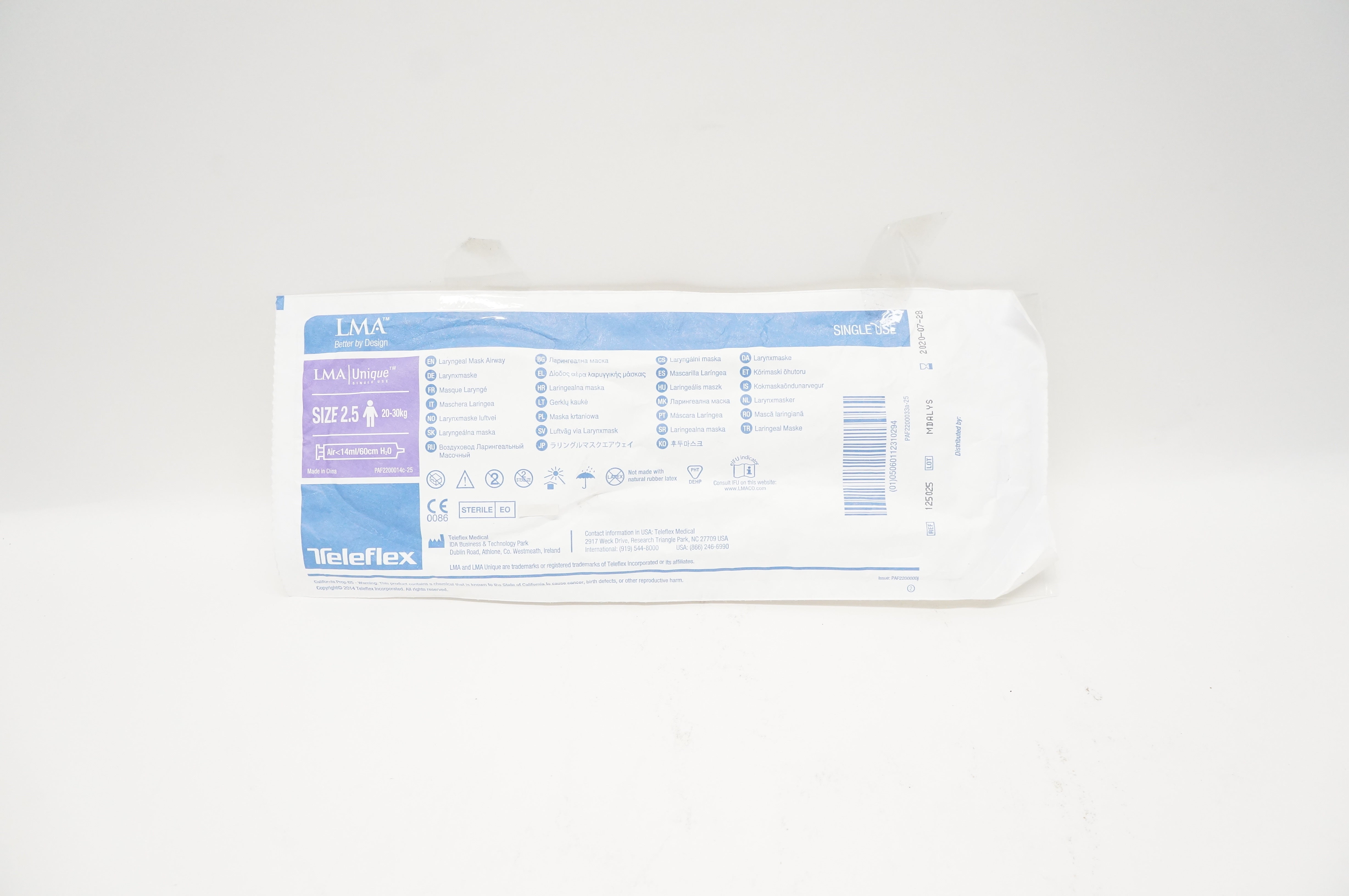 Teleflex 125025 Laryngeal Mask Airway, Size 2.5 20-30kg Air <14 mL/60cm H₂O (x)