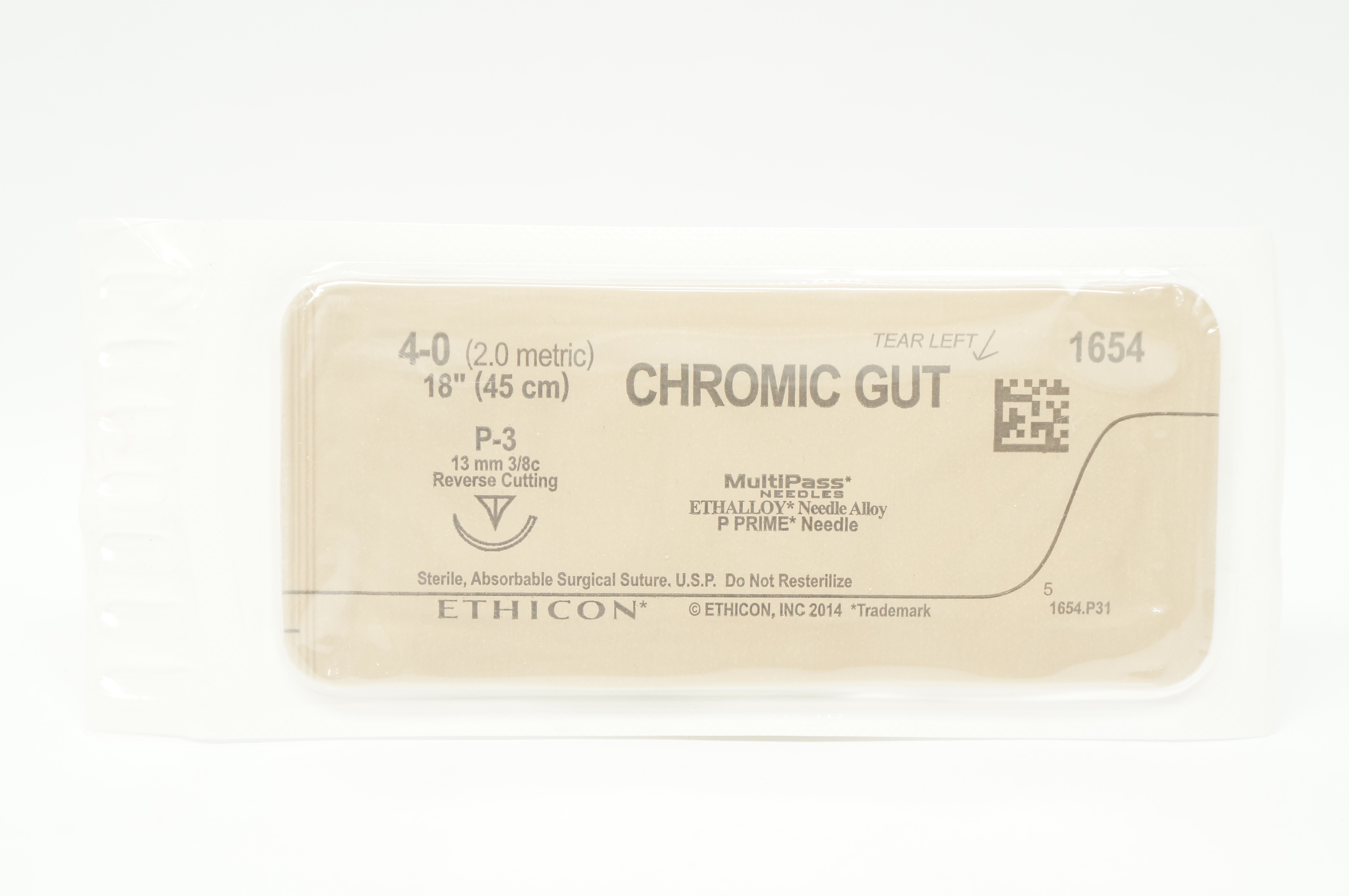 Ethicon 1654 4-0 CHROMIC GUT P-3 13mm 3/8 Reverse Cutting, 18inch (x)