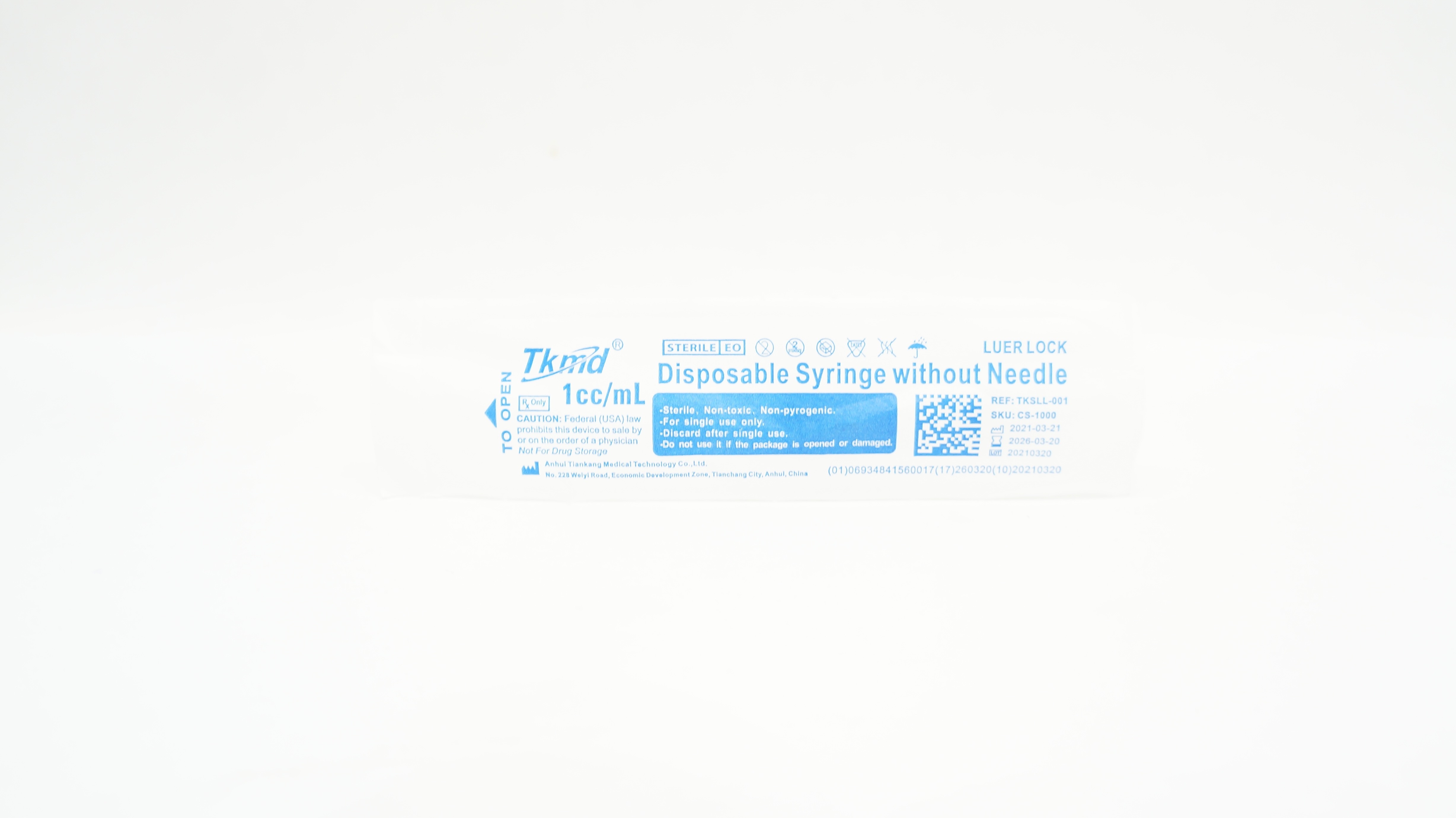 Anhui Tiankang Medical TKSLL-001 Syringe Without Ndle. 1cc/mL