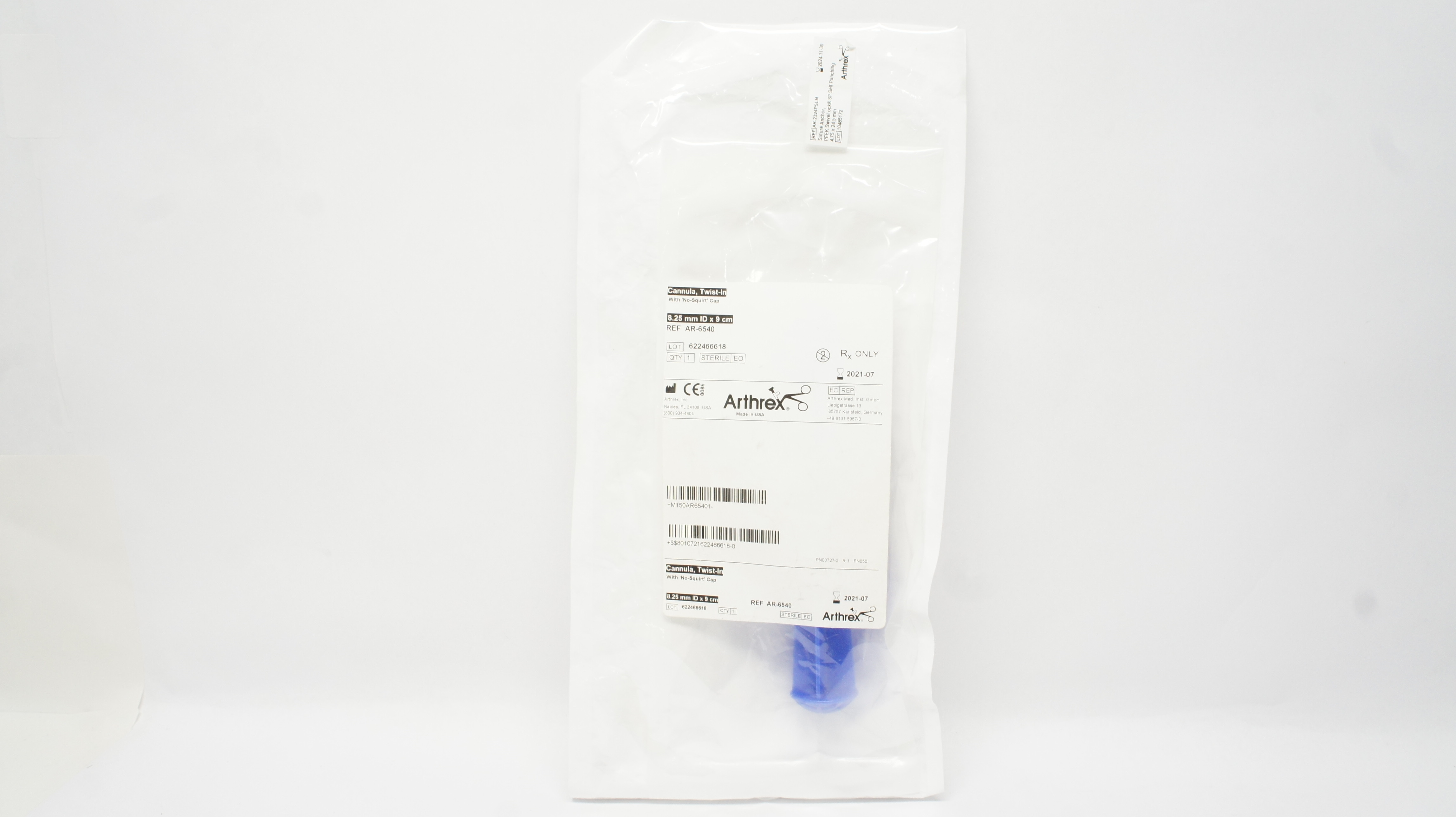 Arthrex AR-6540 Cannula, Twist-In with No-Squirt Cap 8.25mm ID x 9cm (x)