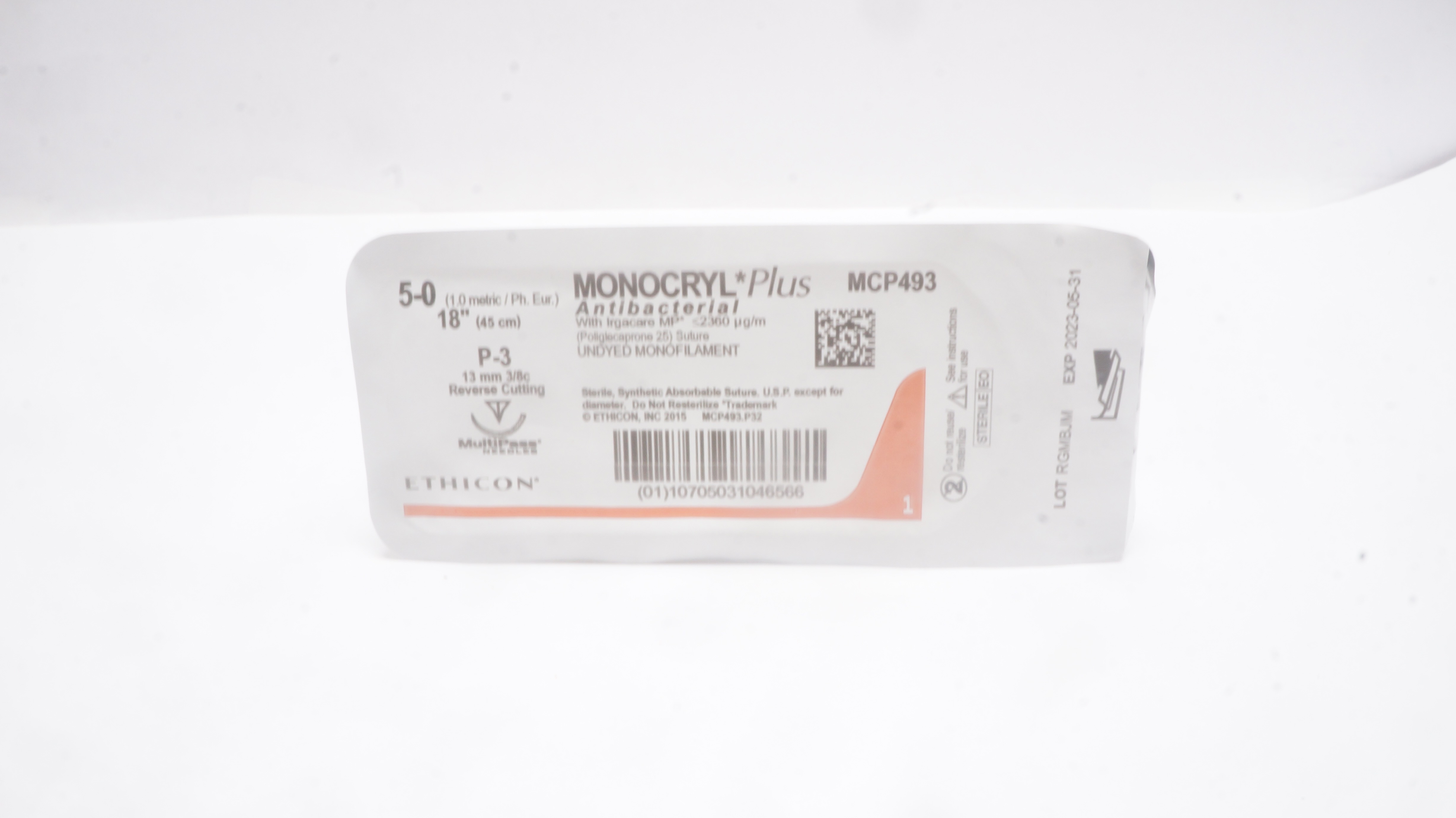 Ethicon MCP493 5-0 MONOCRYL Plus, P-3, 13mm 3/8c Reverse Cutting, 18inch (x)