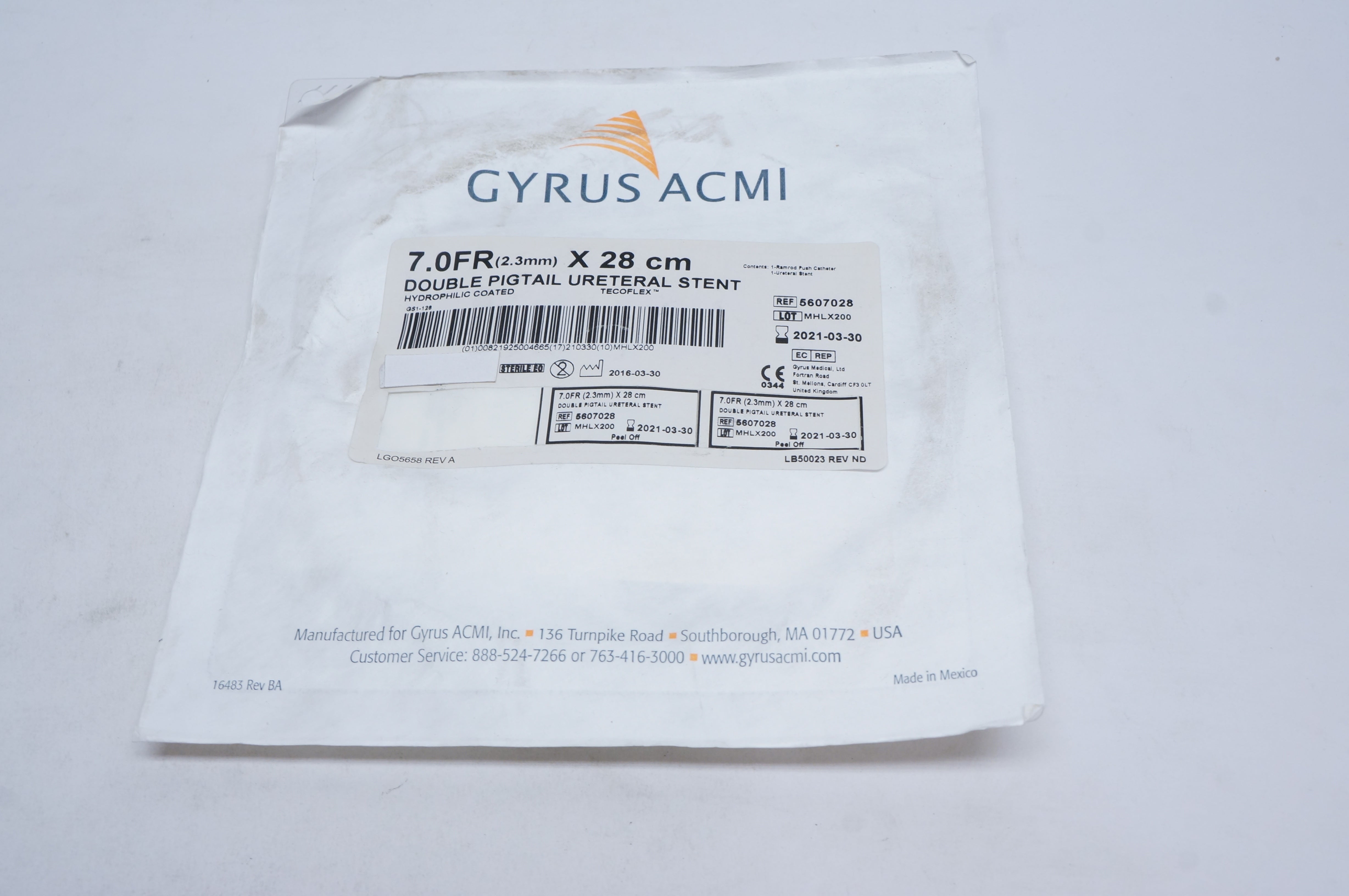 Gyrus ACMI 5607028 Double Pigtail Ureteral Stnt 7Fr. x 28cm