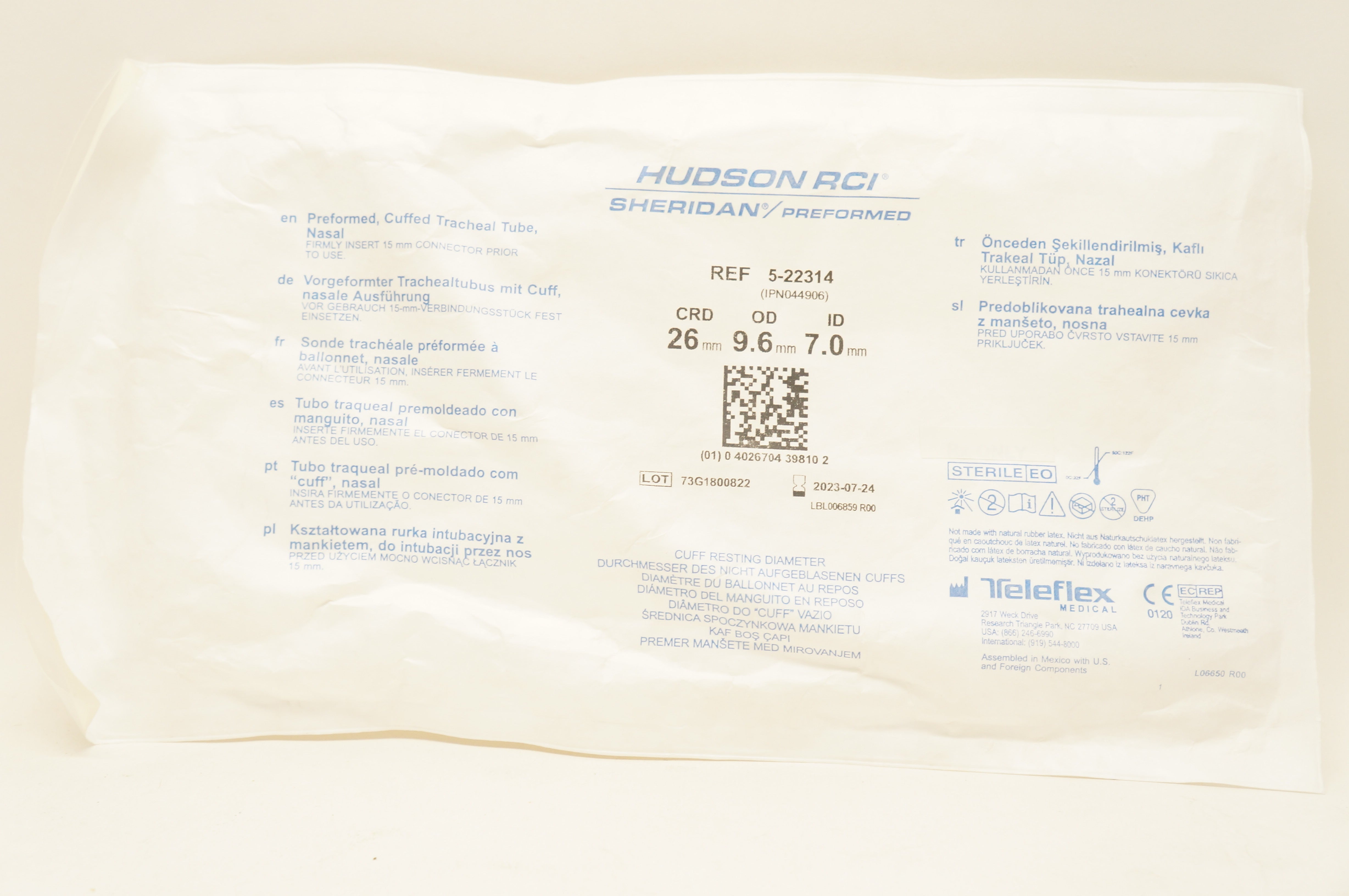 Teleflex 5-22314 Hudson Cuffed Tracheal Tube Nasal Diam. 26mm OD 9.6mm ID 7.0mm