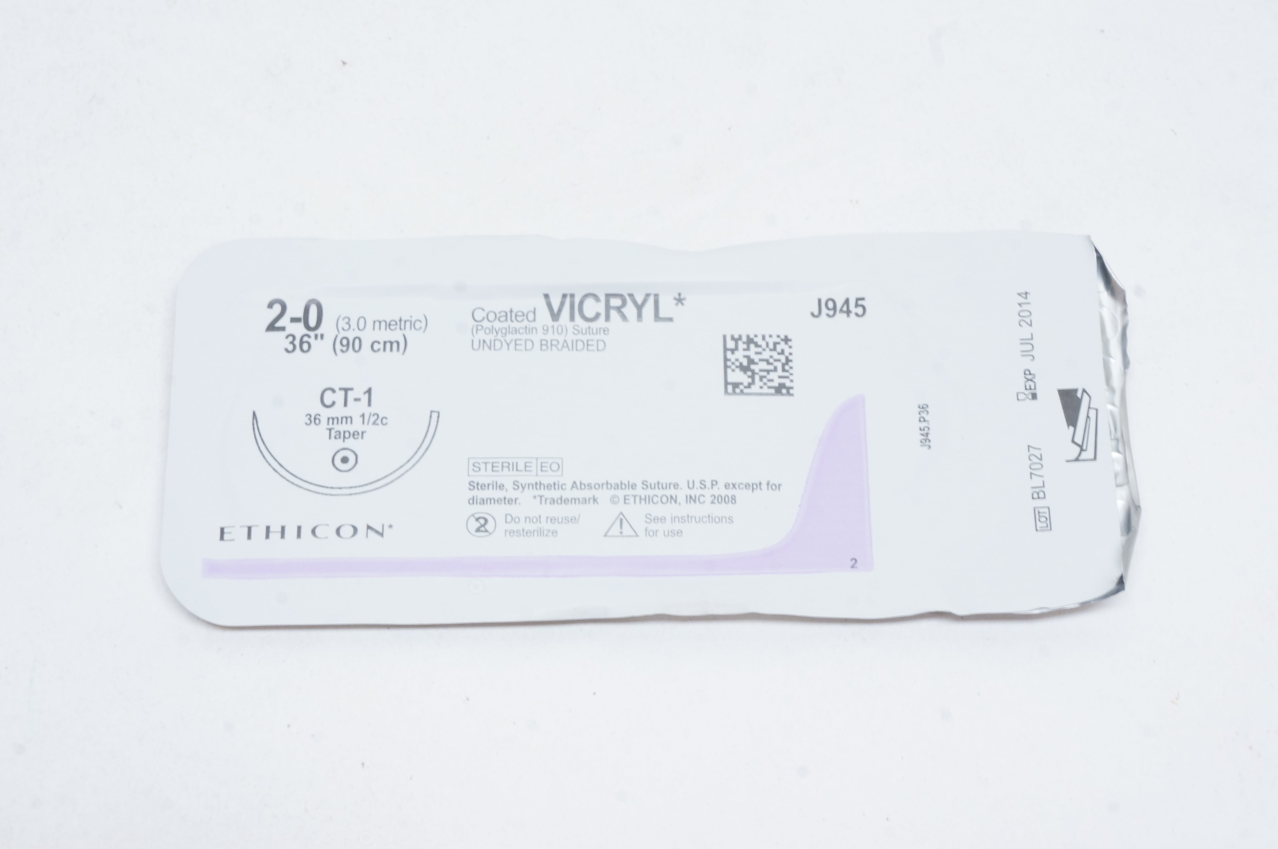 Ethicon J945 2-0 VICRYL, CT-1, 36mm 1/2c Taper, 36inch (x)