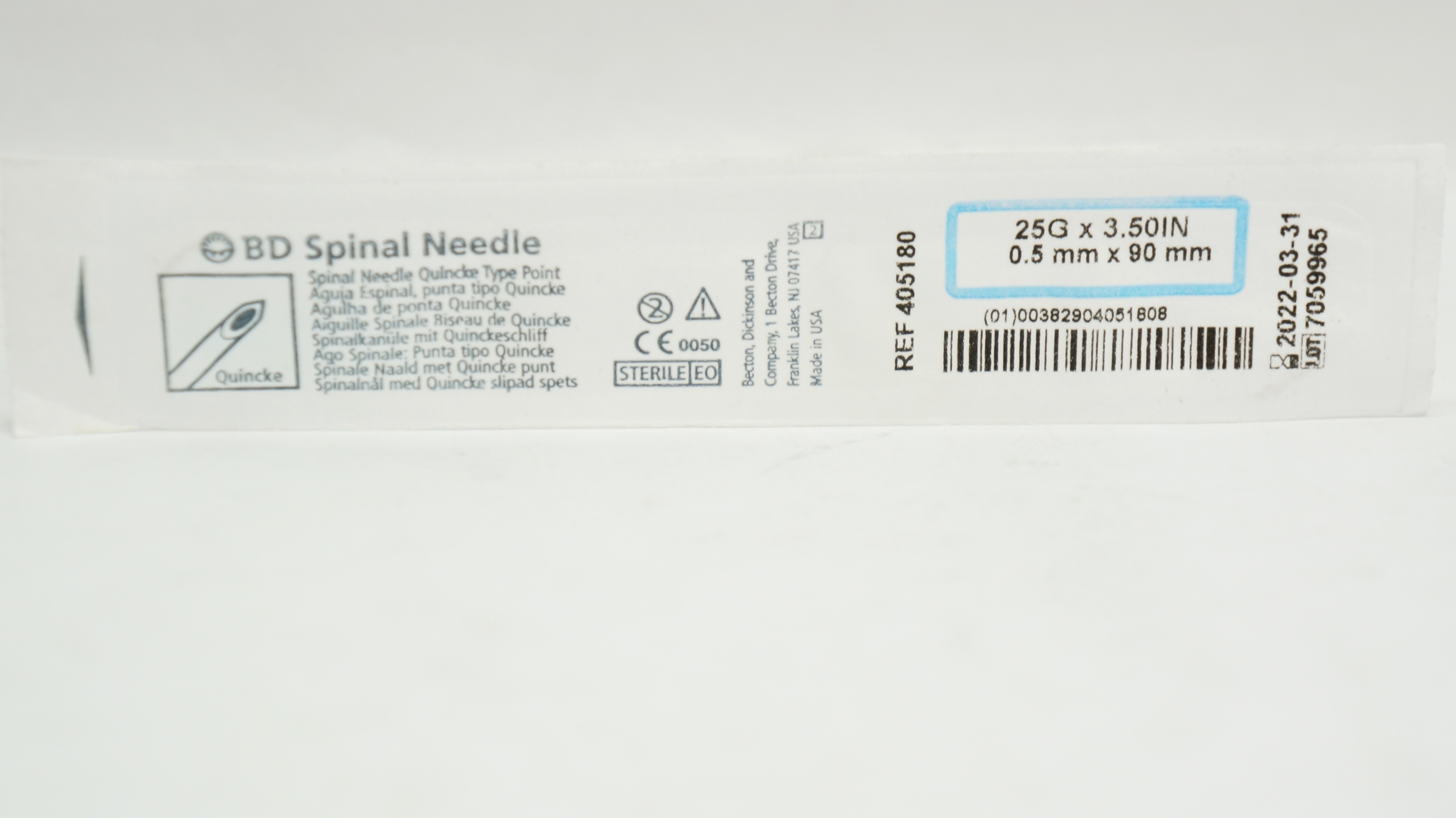 BD 405180 Spinal Ndle Quincke Type Point 25GA x 3.50 inch (x)